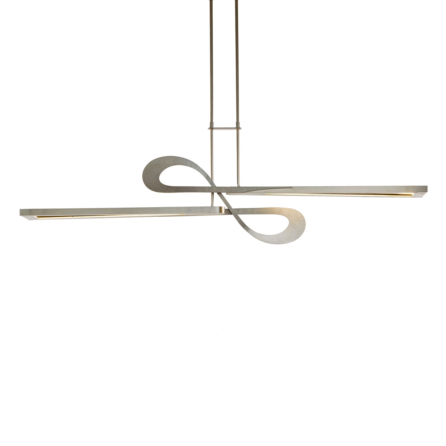 Modern Switchback Pendant by Hubbardton Forge with twisted metallic design and twin long horizontal LED elements.