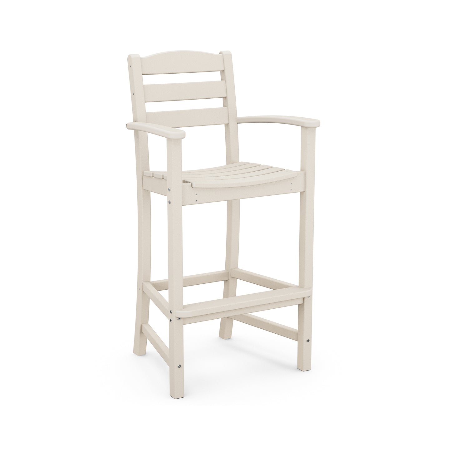 POLYWOOD La Casa Cafe Outdoor Bar Arm Chair in white with a classic slatted back, made from recycled plastic.