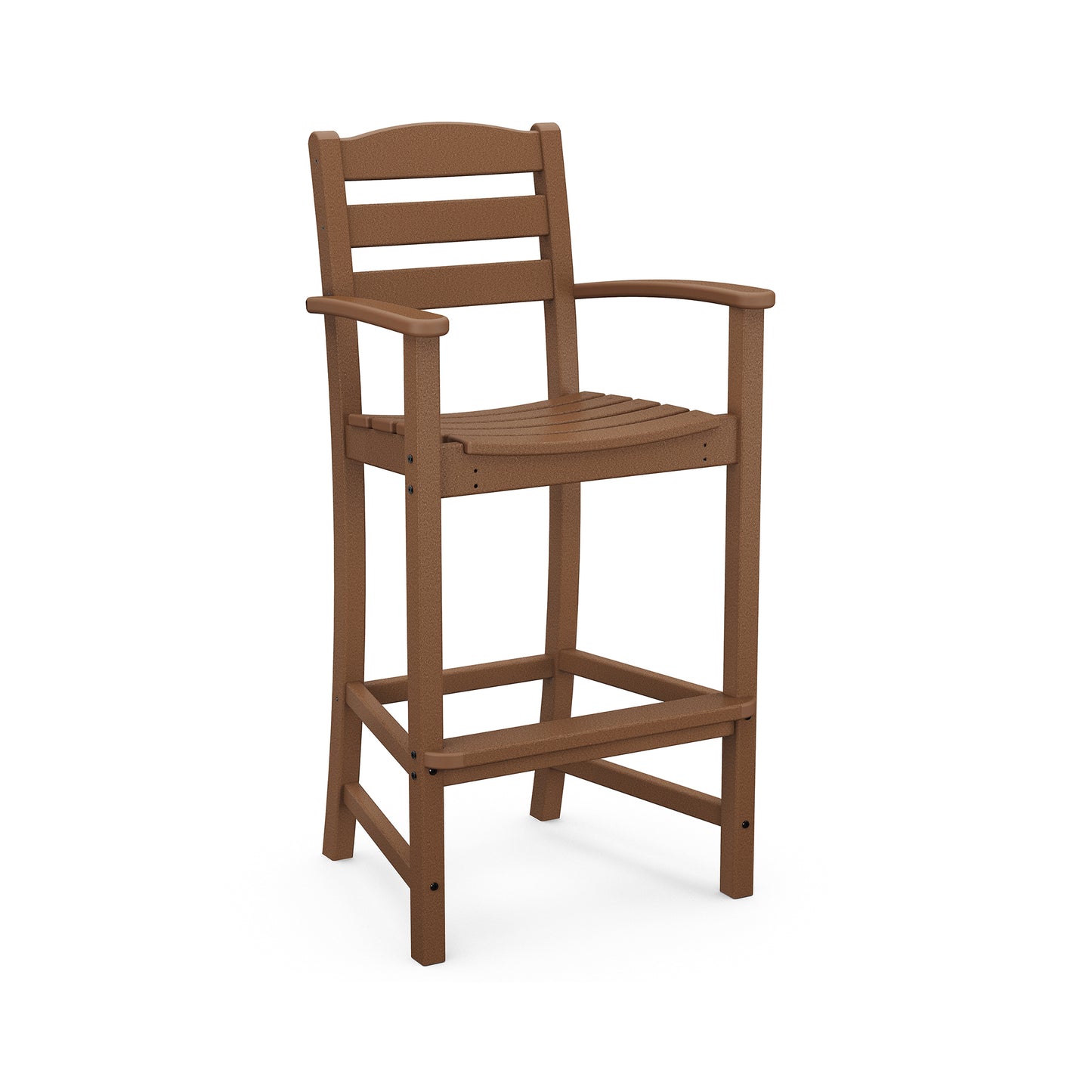 POLYWOOD La Casa Cafe Outdoor Bar Arm Chair featuring a sturdy high-back design, comfortable armrests, footrest, and classic slatted seat and backrest.