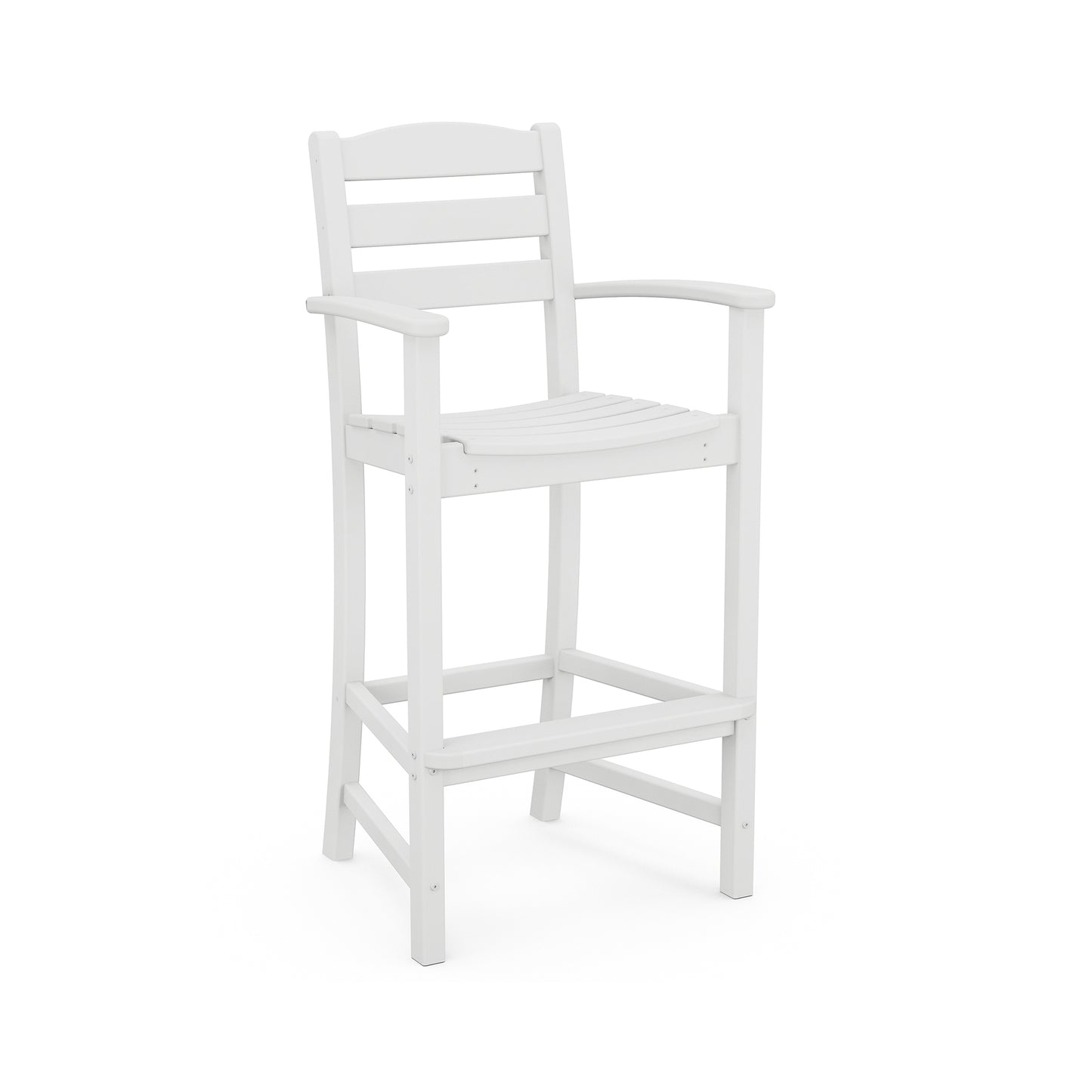White POLYWOOD La Casa Cafe Outdoor Bar Arm Chair, constructed from recycled plastic, showcasing armrests and a footrest.