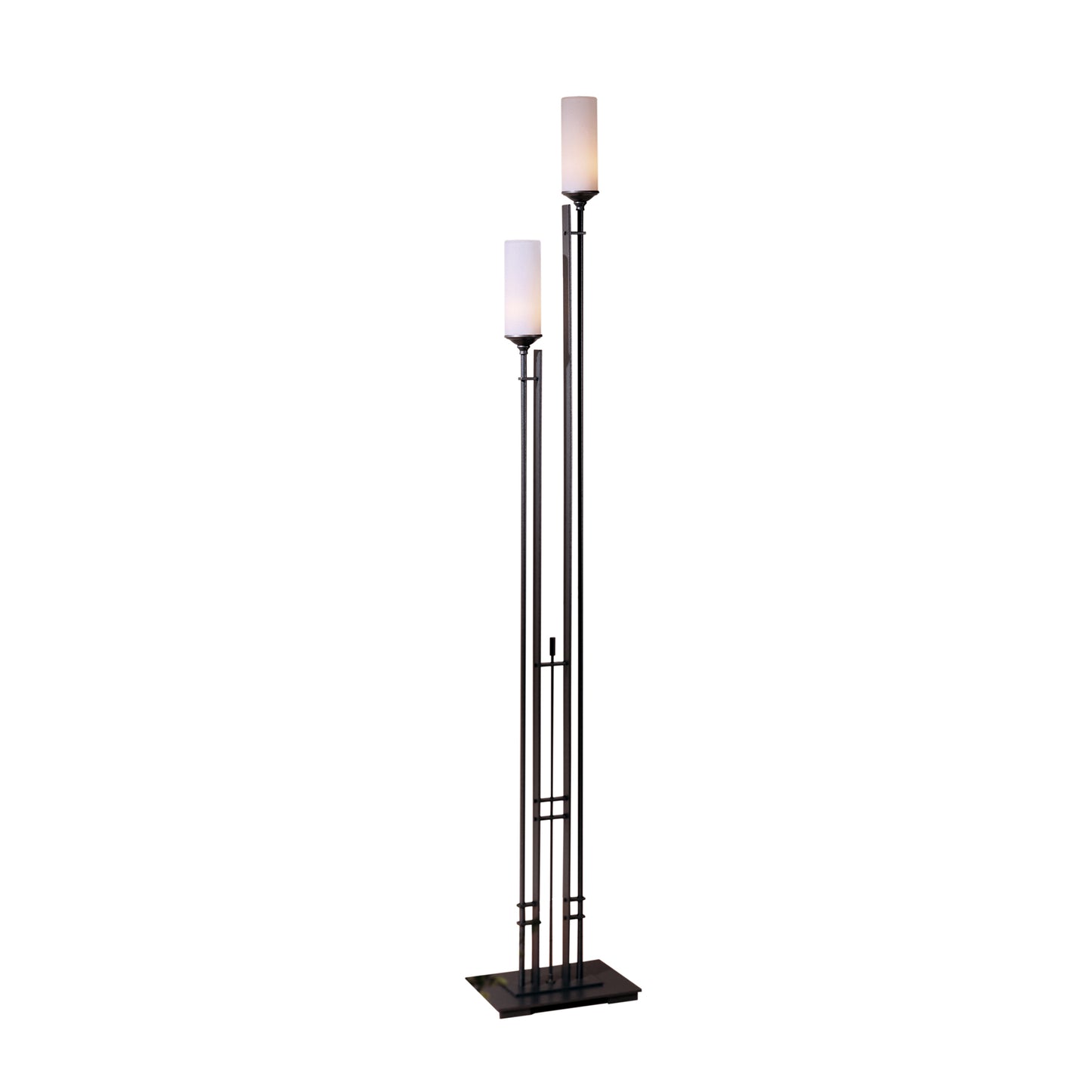 Tall Metra Twin Floor Lamp with black metal frame and white lampshades, crafted by Hubbardton Forge in Vermont.
