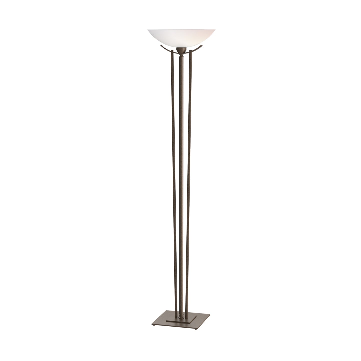 Hubbardton Forge Taper Torchiere floor lamp with a white bowl shade, three slender metal poles, and a square base, showcasing elegant American-made craftsmanship.