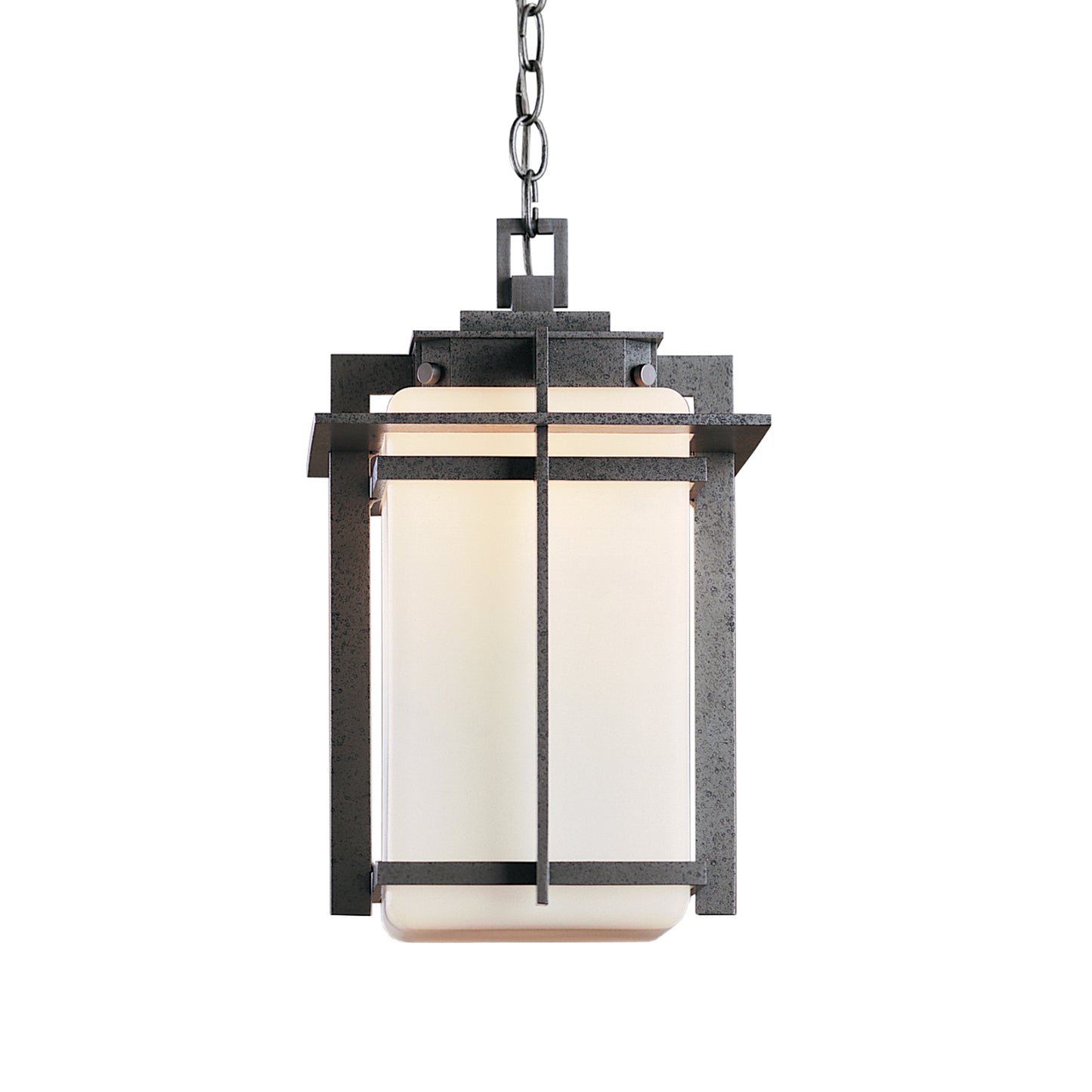 Tourou Large Outdoor Ceiling Fixture by Hubbardton Forge with frosted glass panels and a black metal frame, showcasing Japanese-inspired craftsmanship.