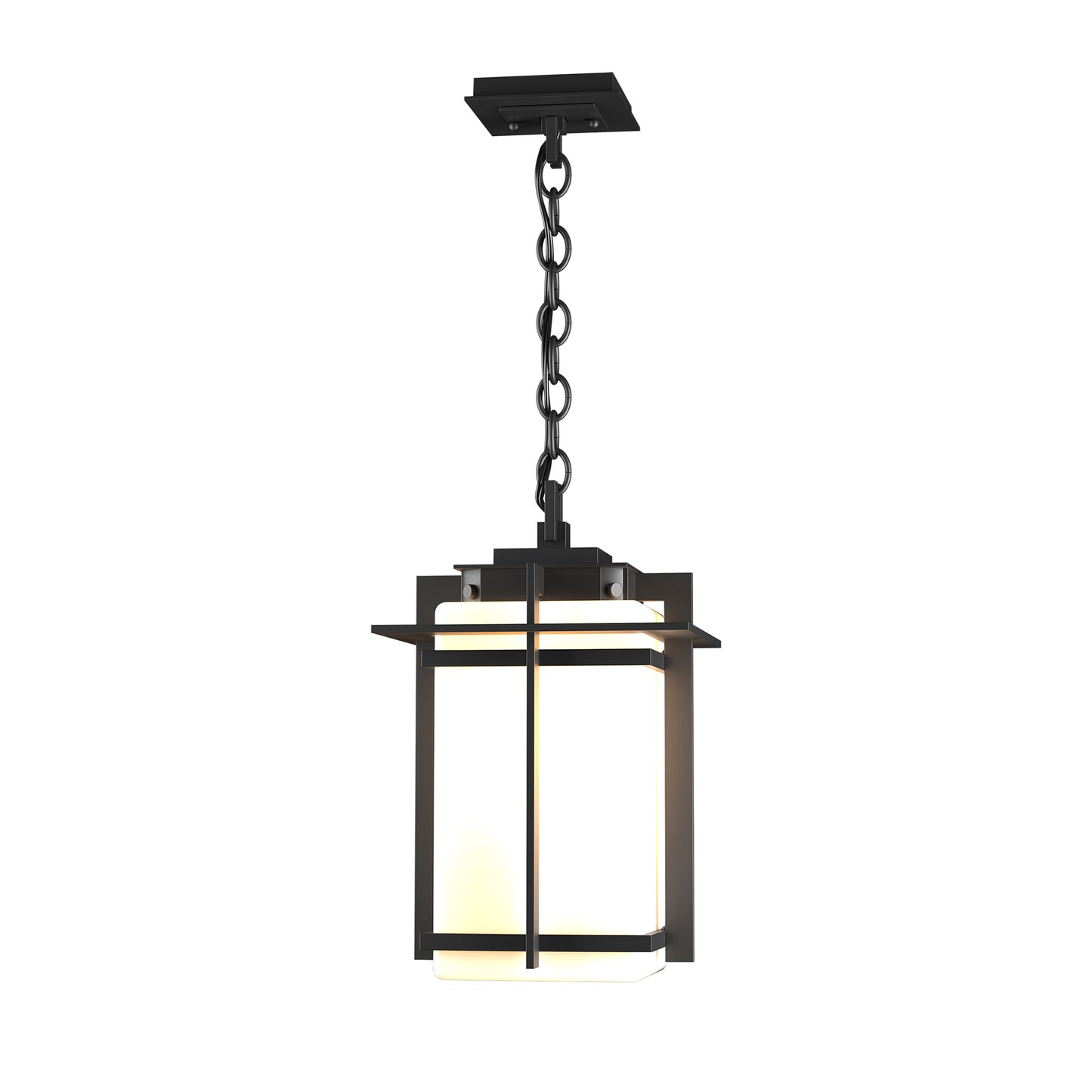 Tourou Large Outdoor Ceiling Fixture by Hubbardton Forge, featuring handcrafted black metal and frosted glass in a ceiling-mounted pendant design.