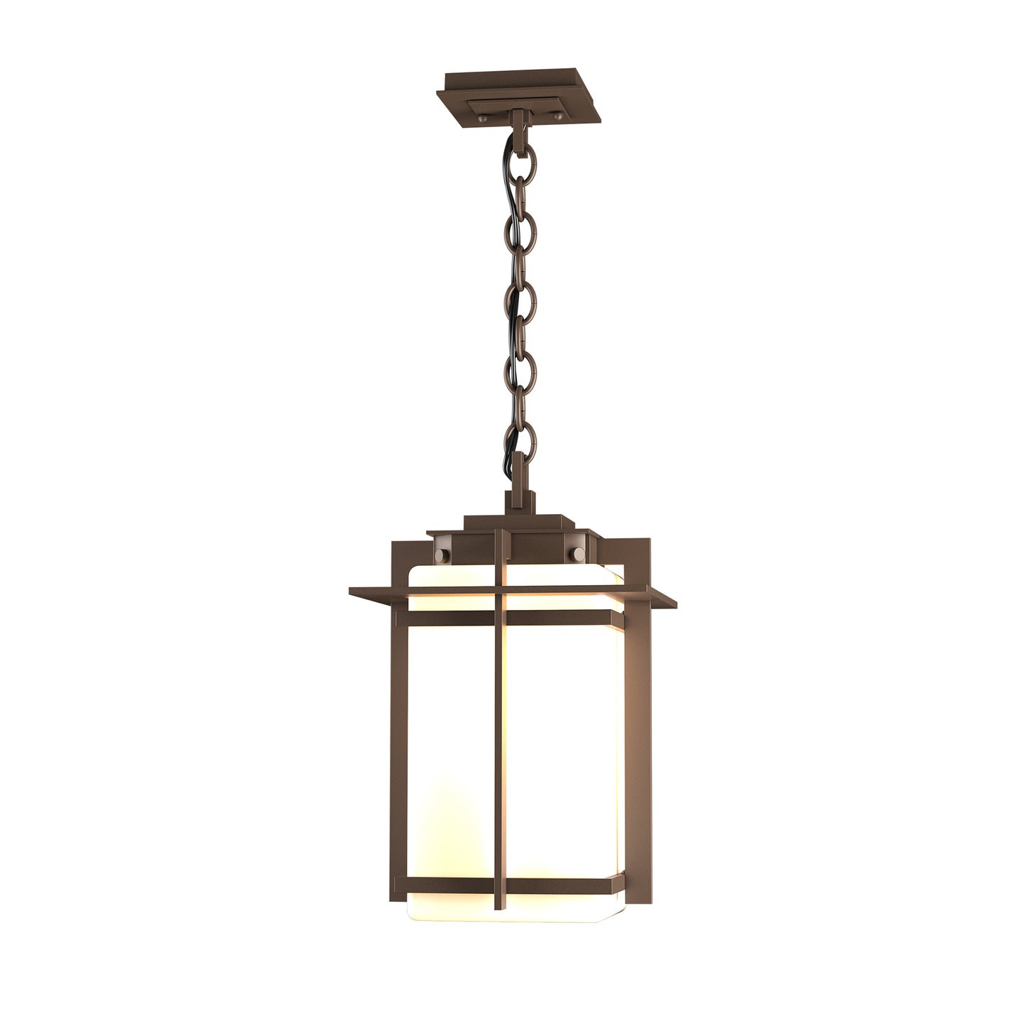 Tourou Large Outdoor Ceiling Fixture by Hubbardton Forge with bronze finish and frosted glass shade, showcasing elegant Japanese-inspired design.