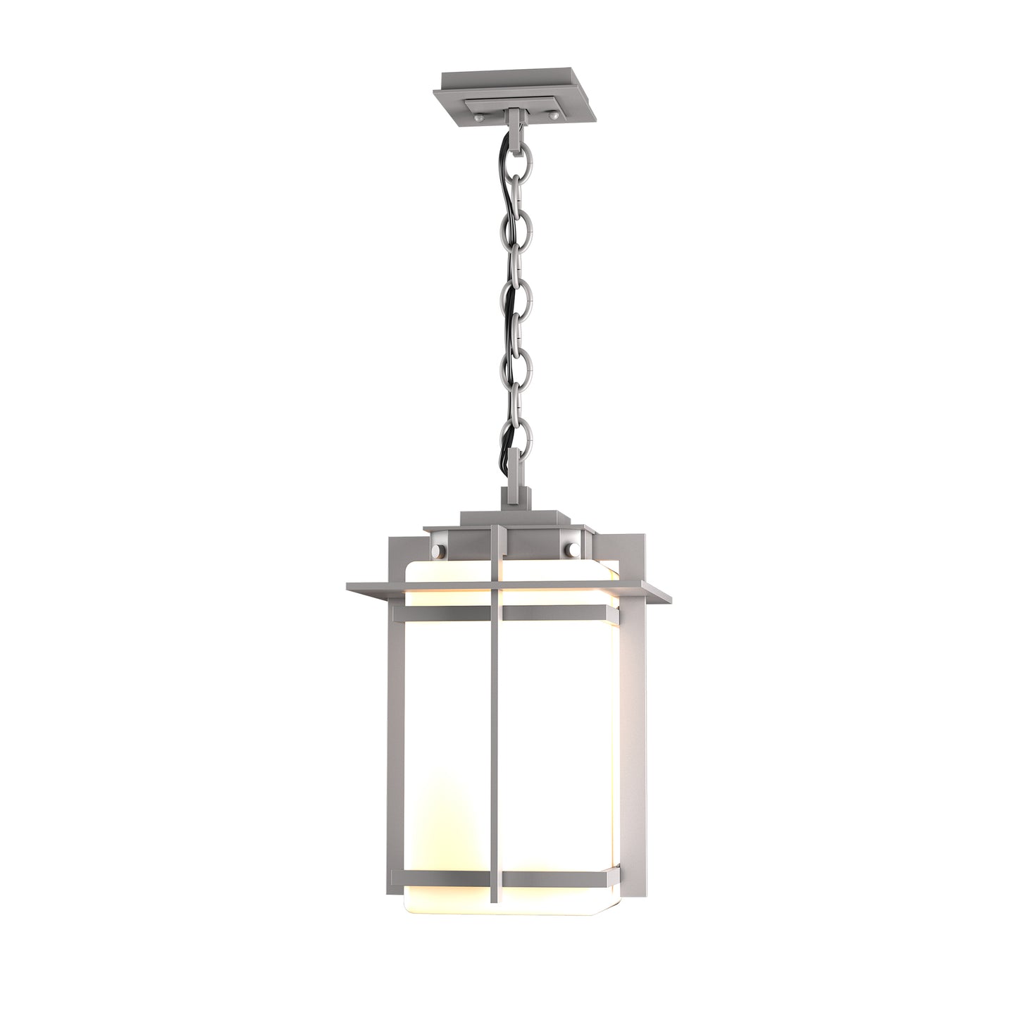 Hubbardton Forge Tourou Large Outdoor Ceiling Fixture featuring a square metal frame and frosted glass shade with chain suspension, showcasing elegant American-made craftsmanship.