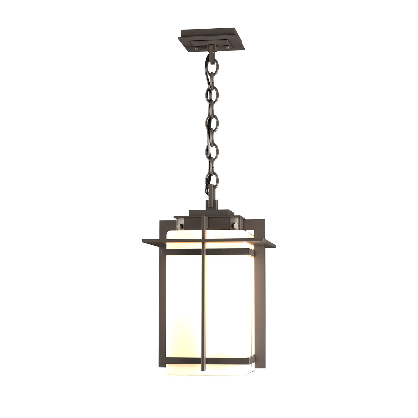 Tourou Large Outdoor Ceiling Fixture by Hubbardton Forge with square frosted glass panels and dark metal frame, inspired by Japanese design.