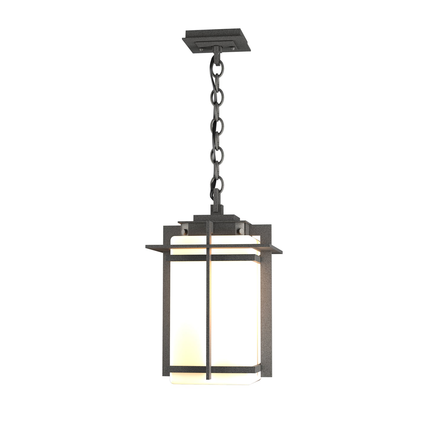 Tourou Large Outdoor Ceiling Fixture by Hubbardton Forge with black metal frame and rectangular frosted glass shade in Japanese-inspired design.