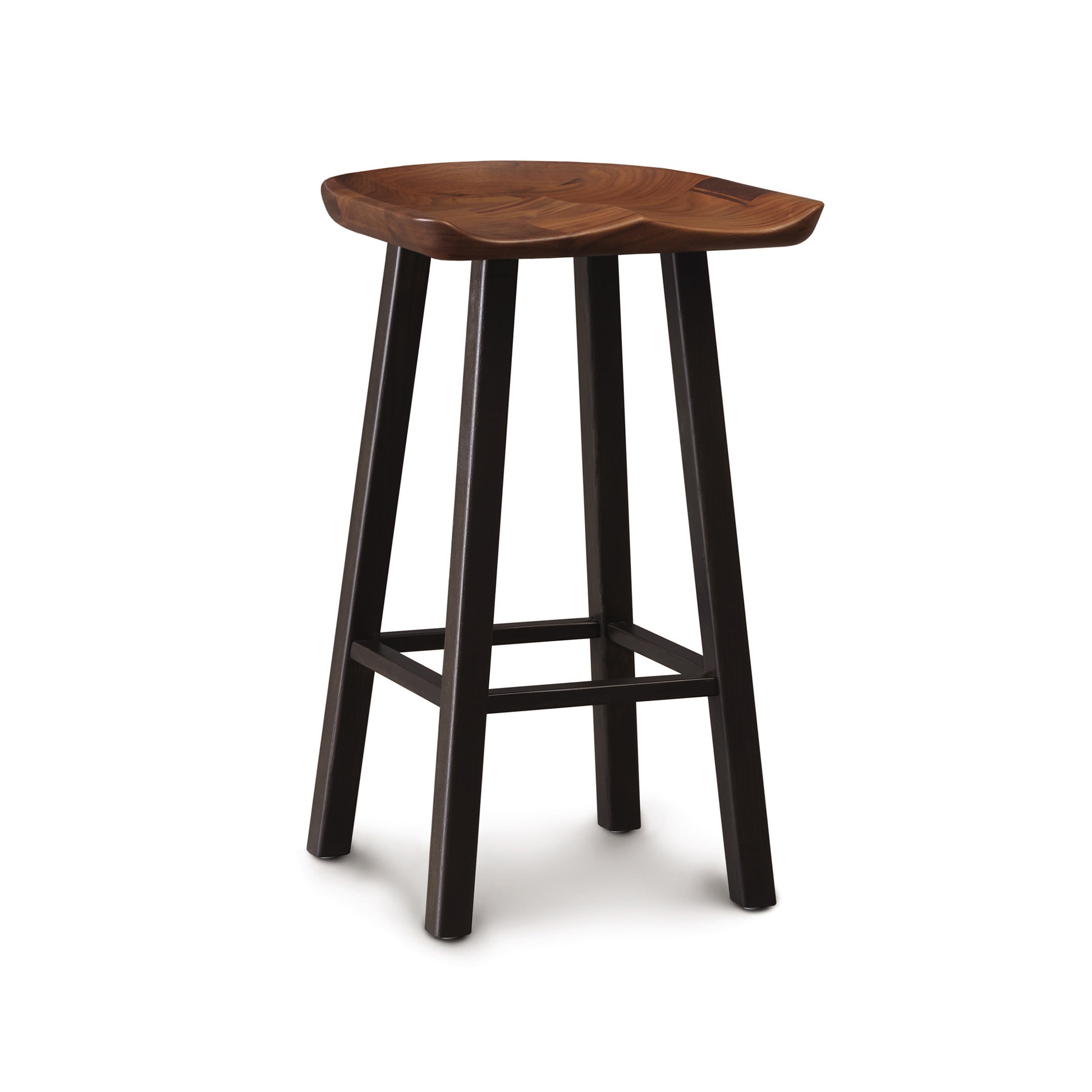 A Modern Farmhouse Tractor Counter Stool by Copeland Furniture with a dark wooden seat and black legs on a white background.