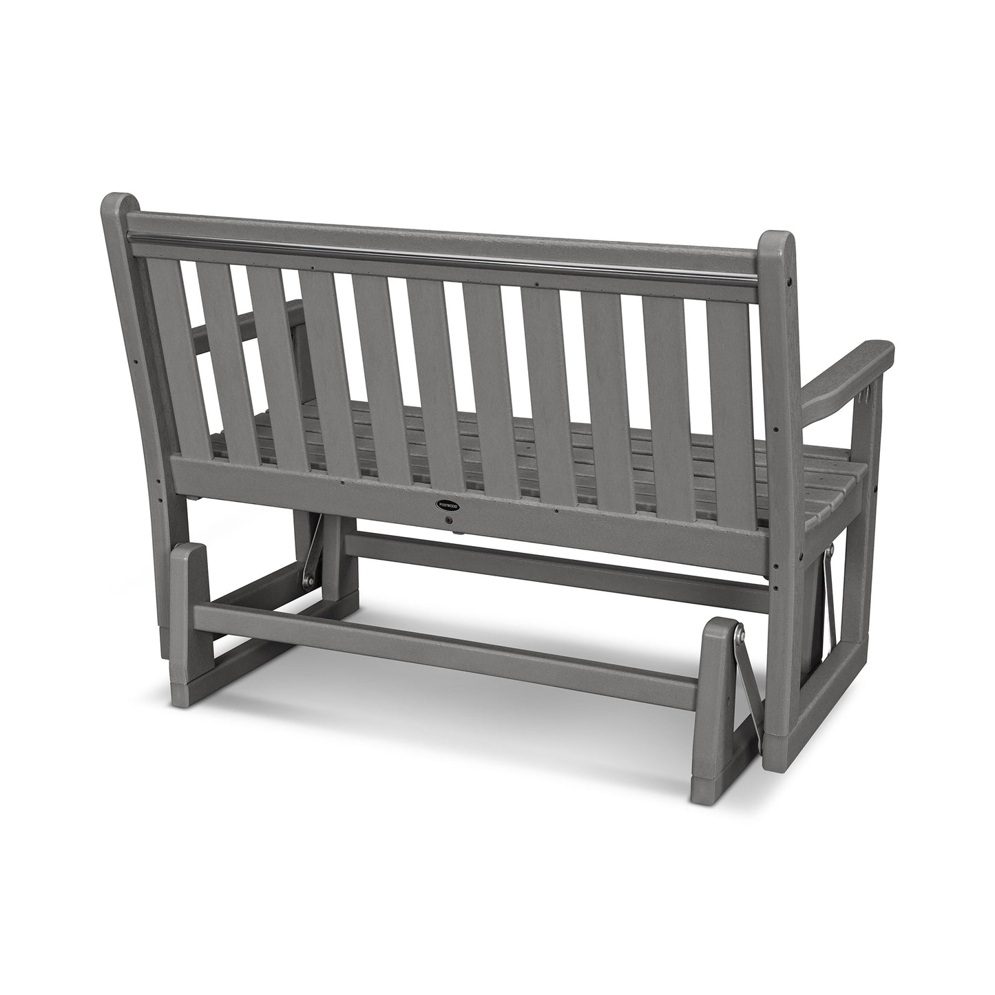 A gray POLYWOOD® Traditional Garden 48" Glider Bench with vertical slat backrest and solid armrests, depicted against a plain white background. The swing includes metal chains for hanging.