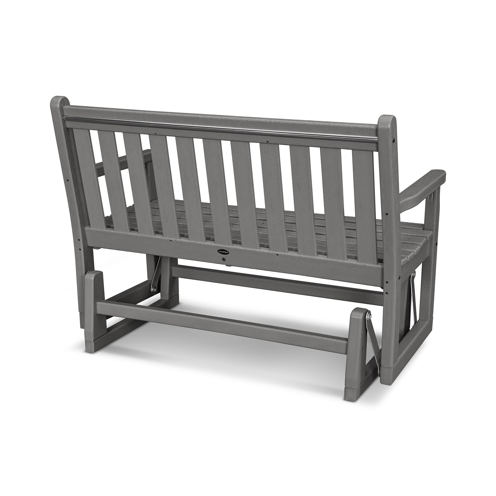 Grey POLYWOOD Traditional Garden 48" Glider Bench with slatted back and seat, crafted from recycled plastic lumber, rear angle view.