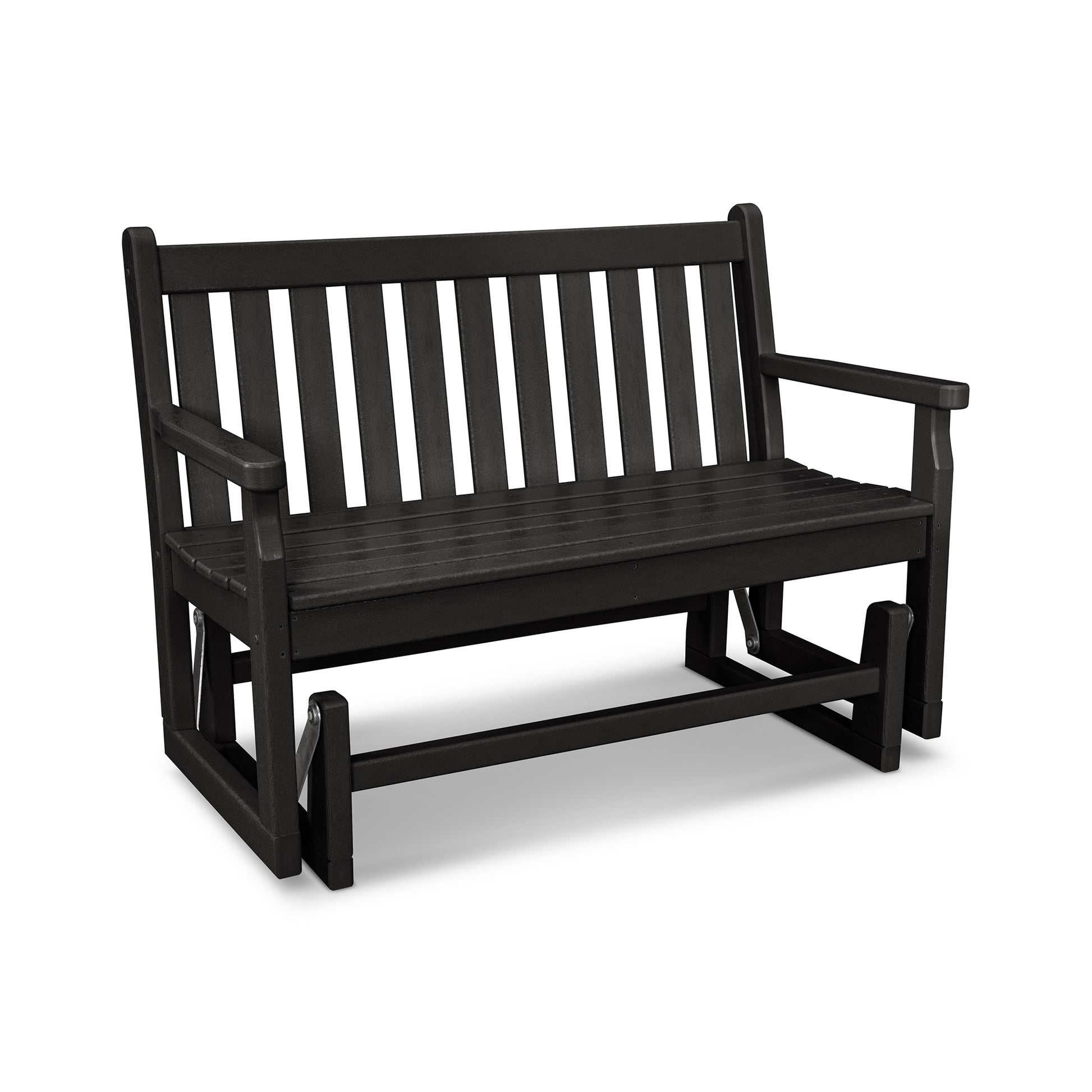 48" black POLYWOOD Traditional Garden Glider Bench with slatted back and seat, featuring comfortable armrests, crafted from recycled plastic lumber.