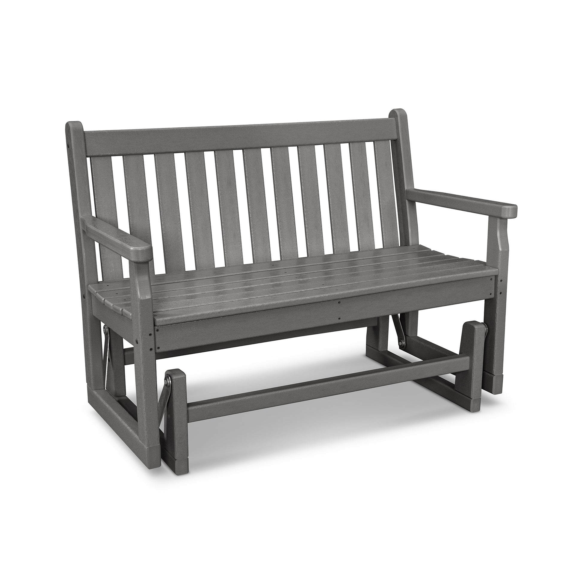 A gray POLYWOOD® Traditional Garden 48" Glider Bench with a high back and armrests, designed for outdoor use, isolated on a white background.