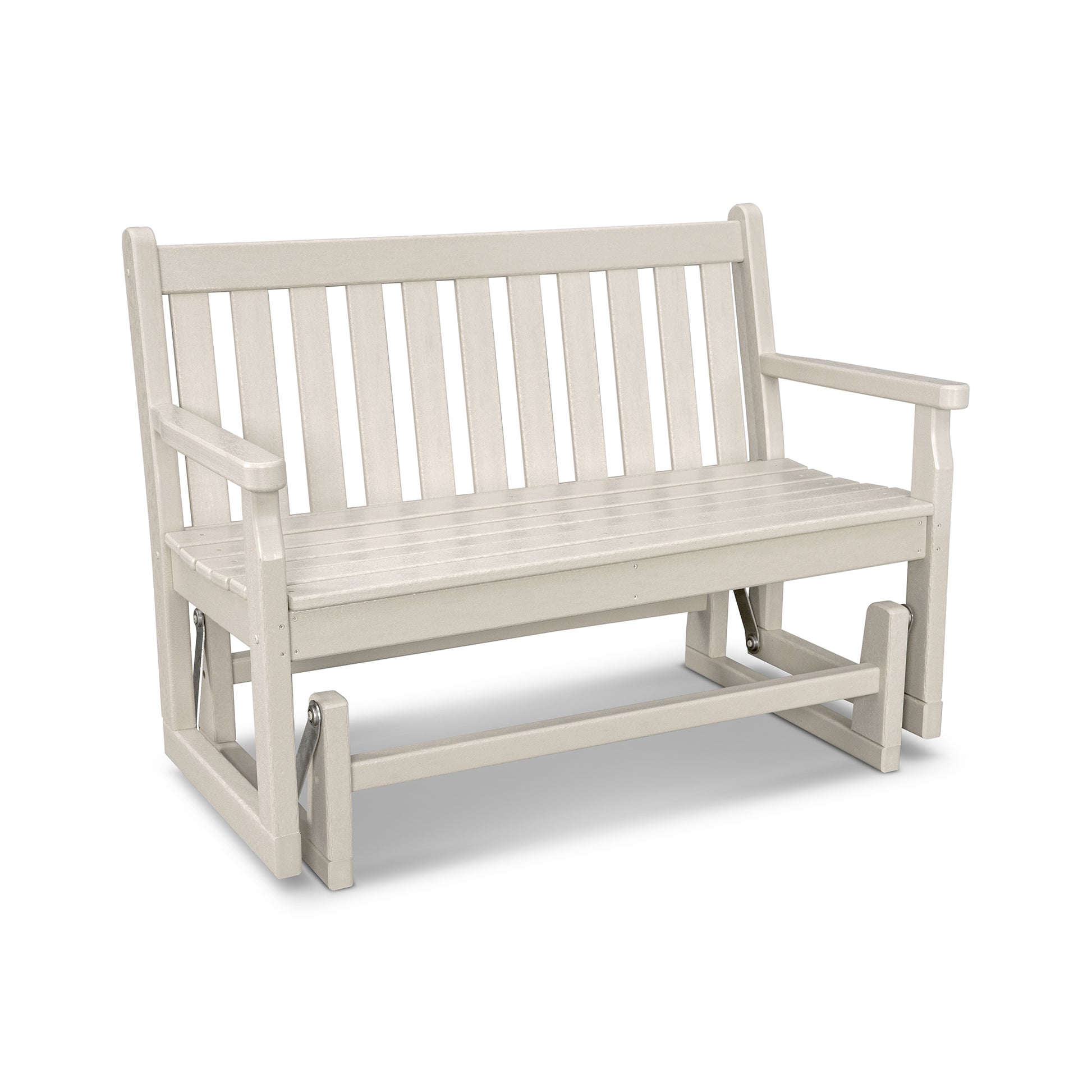A beige POLYWOOD® Traditional Garden 48" Glider Bench with vertical back slats and armrests, isolated on a white background.