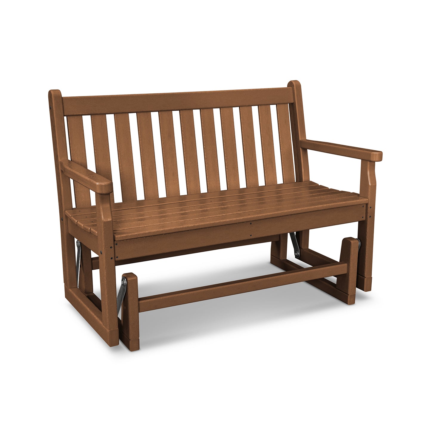 A traditional POLYWOOD Traditional Garden 48" Glider Bench with straight slats and armrests on a white background, showcasing a sturdy design ideal for outdoor use.