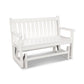 A white POLYWOOD® Traditional Garden 48" Glider Bench isolated on a white background, featuring a traditional slatted back and seat with armrests.