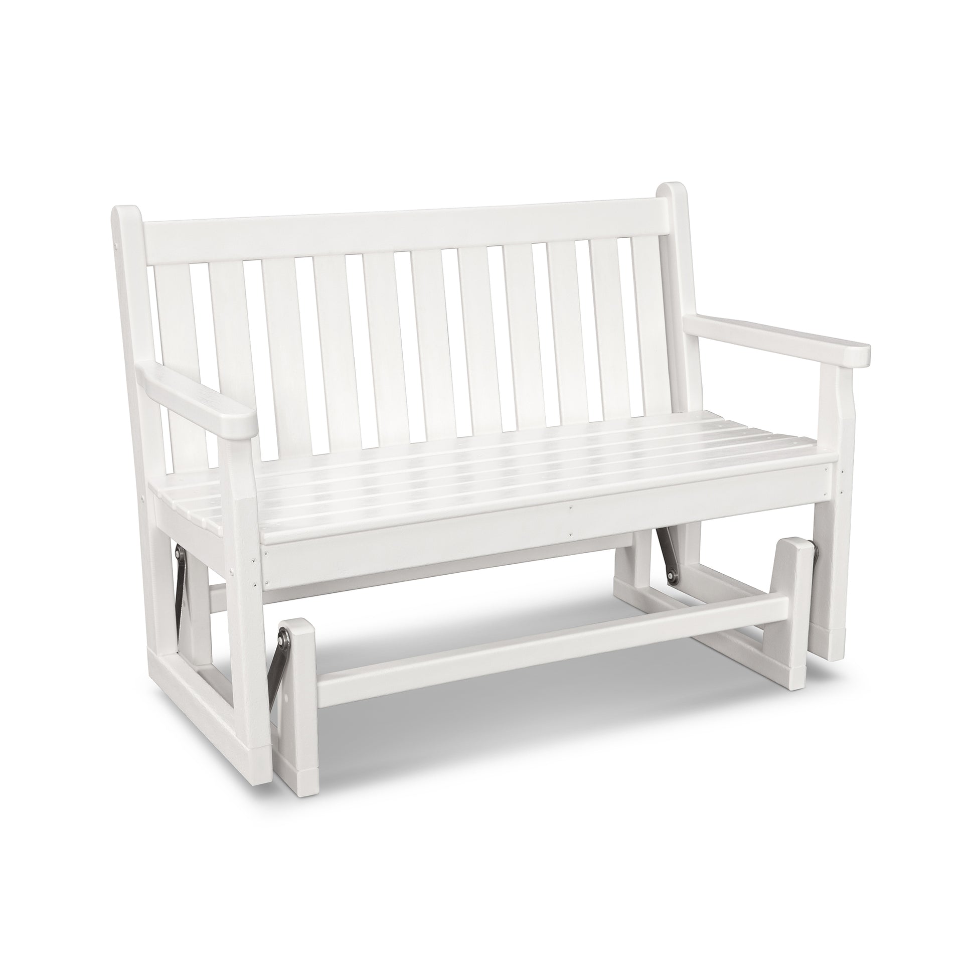 POLYWOOD Traditional Garden 48" Glider Bench constructed from recycled plastic lumber with a slatted back, armrests, and glider base.