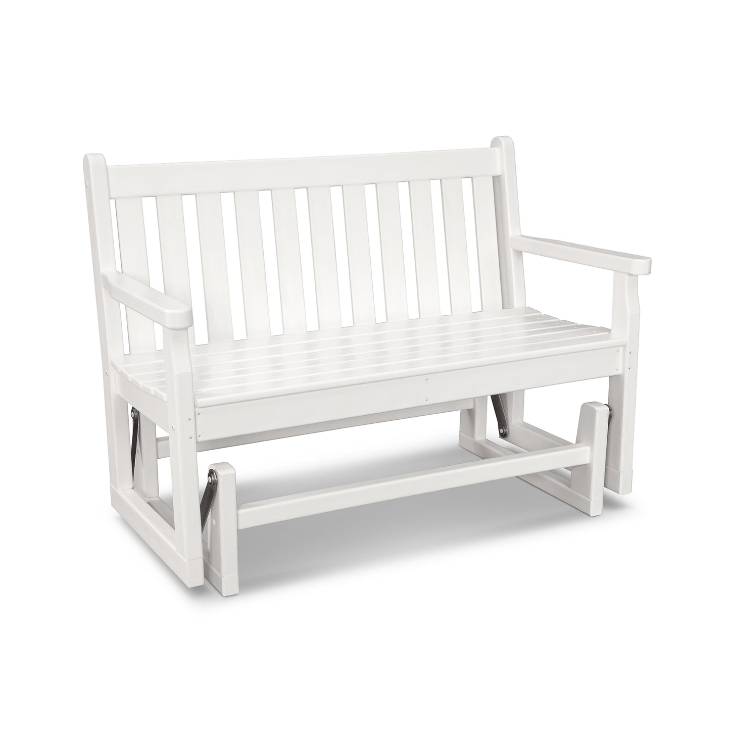 POLYWOOD Traditional Garden 48" Glider Bench constructed from recycled plastic lumber with a slatted back, armrests, and glider base.