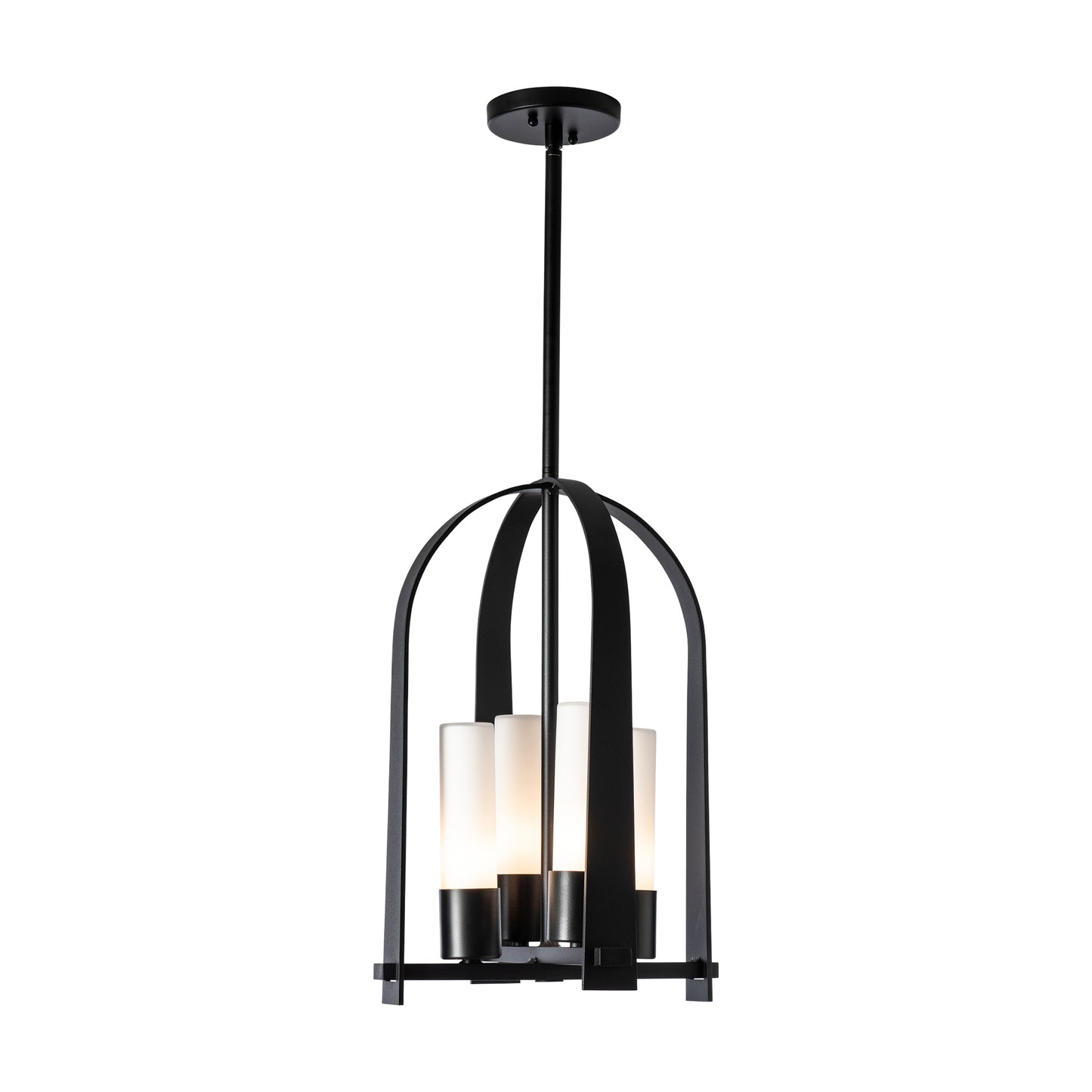 Triomphe Outdoor Lantern by Hubbardton Forge with Coastal Black finish and four frosted glass shades on a round base, showcasing elegant craftsmanship.