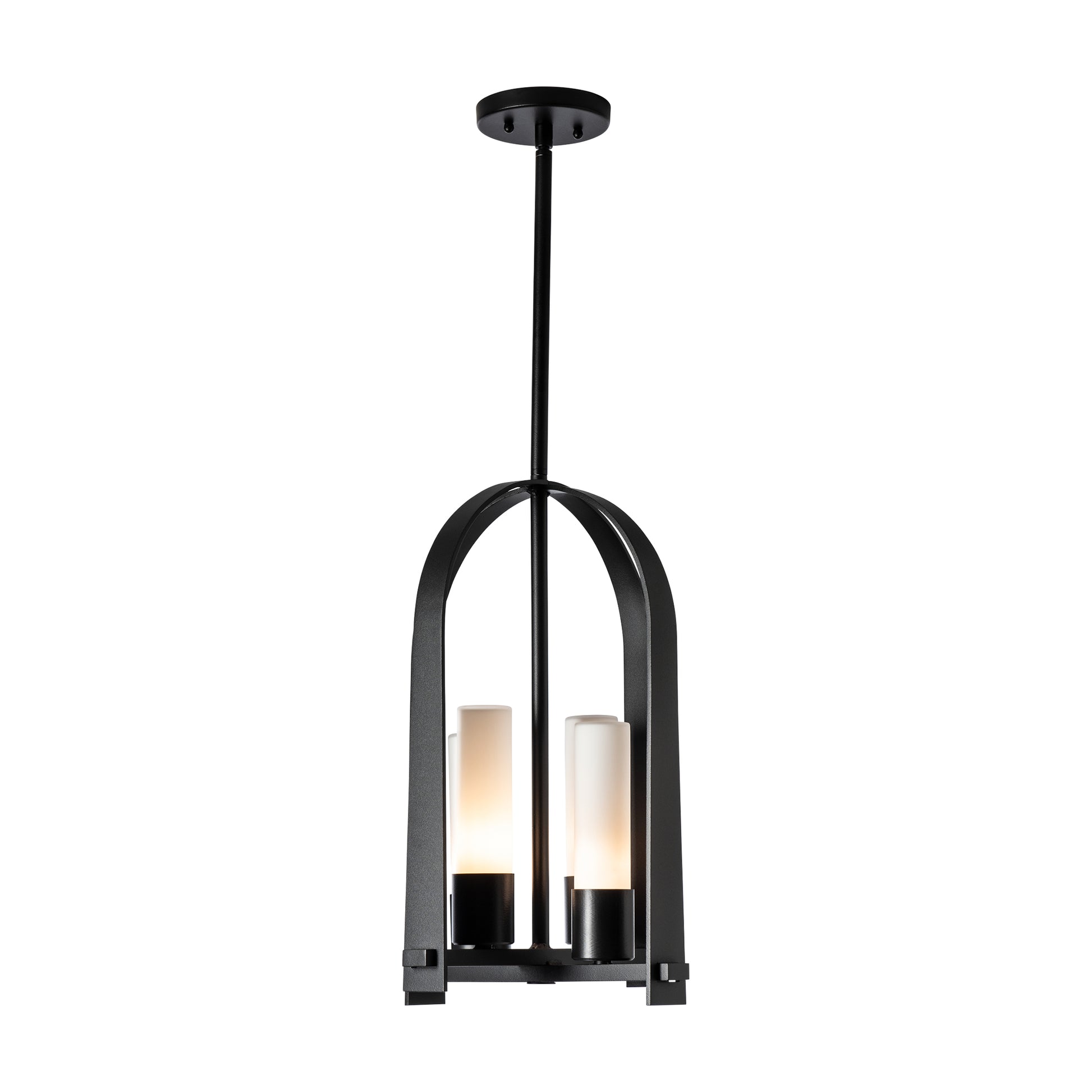 Triomphe Outdoor Lantern by Hubbardton Forge featuring a modern black pendant design with dual frosted glass shades and a central metal rod.