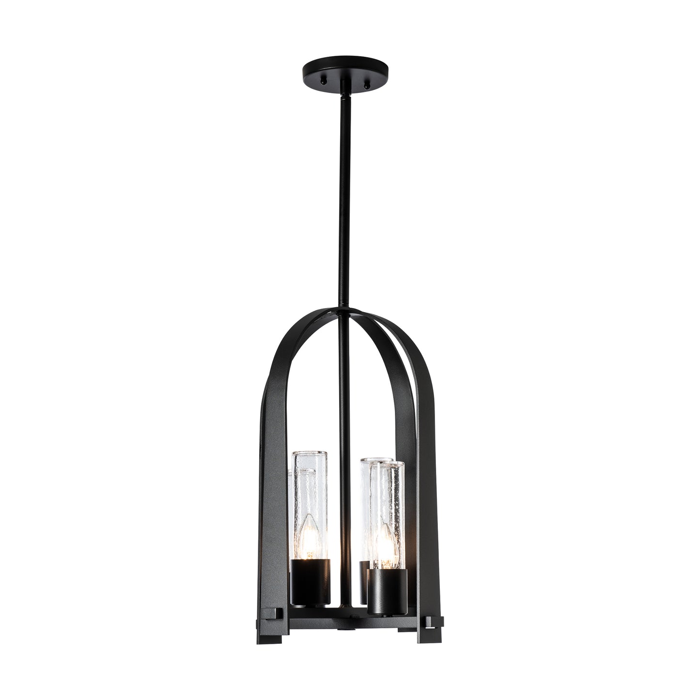 Triomphe Outdoor Lantern by Hubbardton Forge with two exposed bulbs, glass shades, and a modern Coastal Black metal cage design.