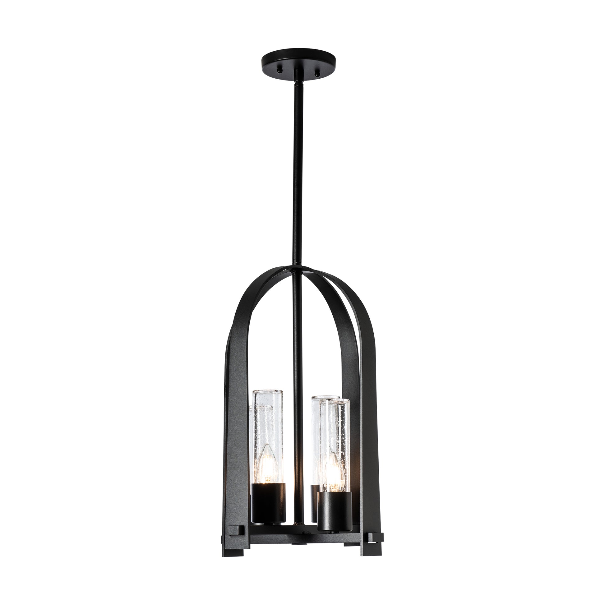 Triomphe Outdoor Lantern by Hubbardton Forge with two exposed bulbs, glass shades, and a modern Coastal Black metal cage design.