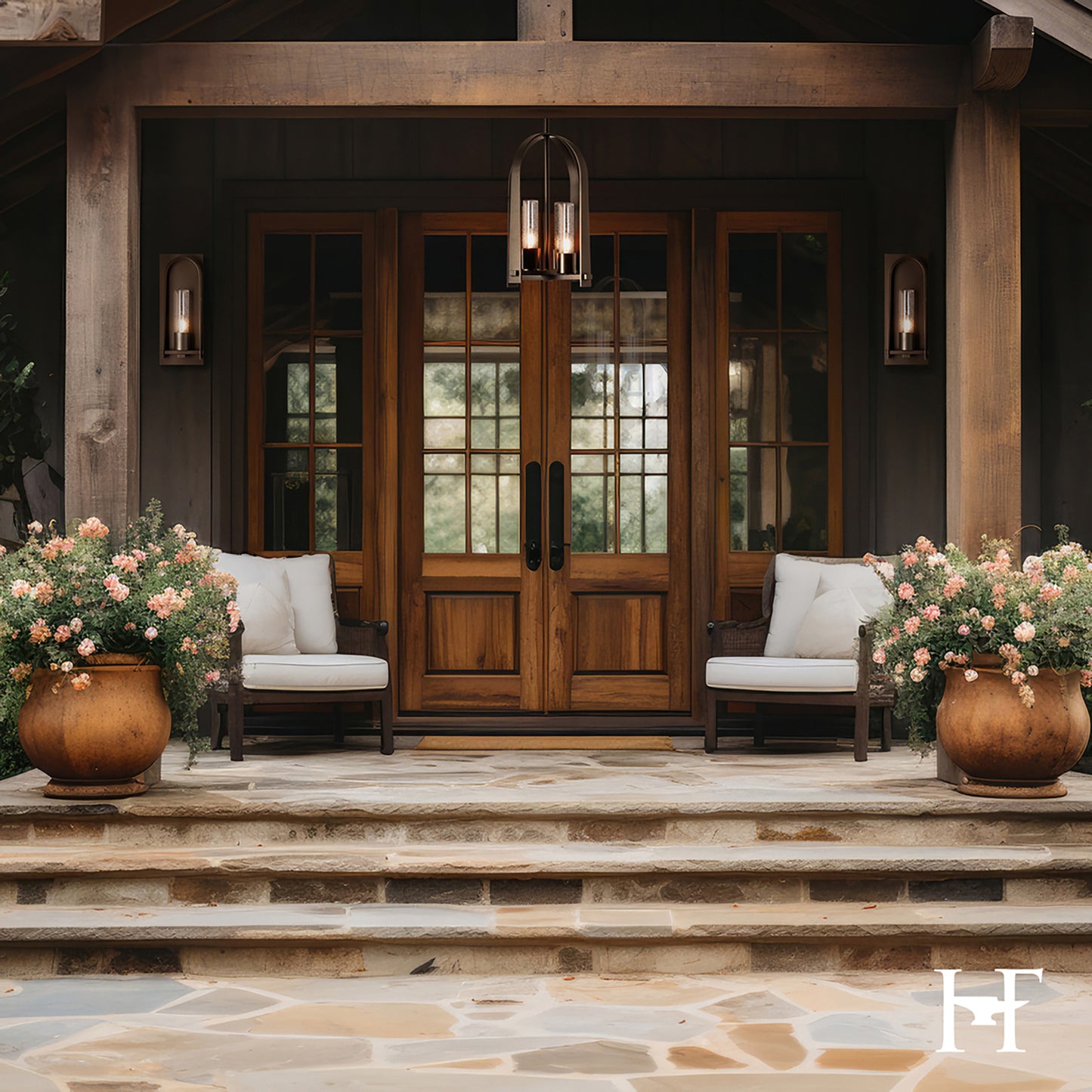 Two elegant wooden chairs showcased beside a handcrafted Hubbardton Forge Triomphe Outdoor Lantern in Coastal Black finish.