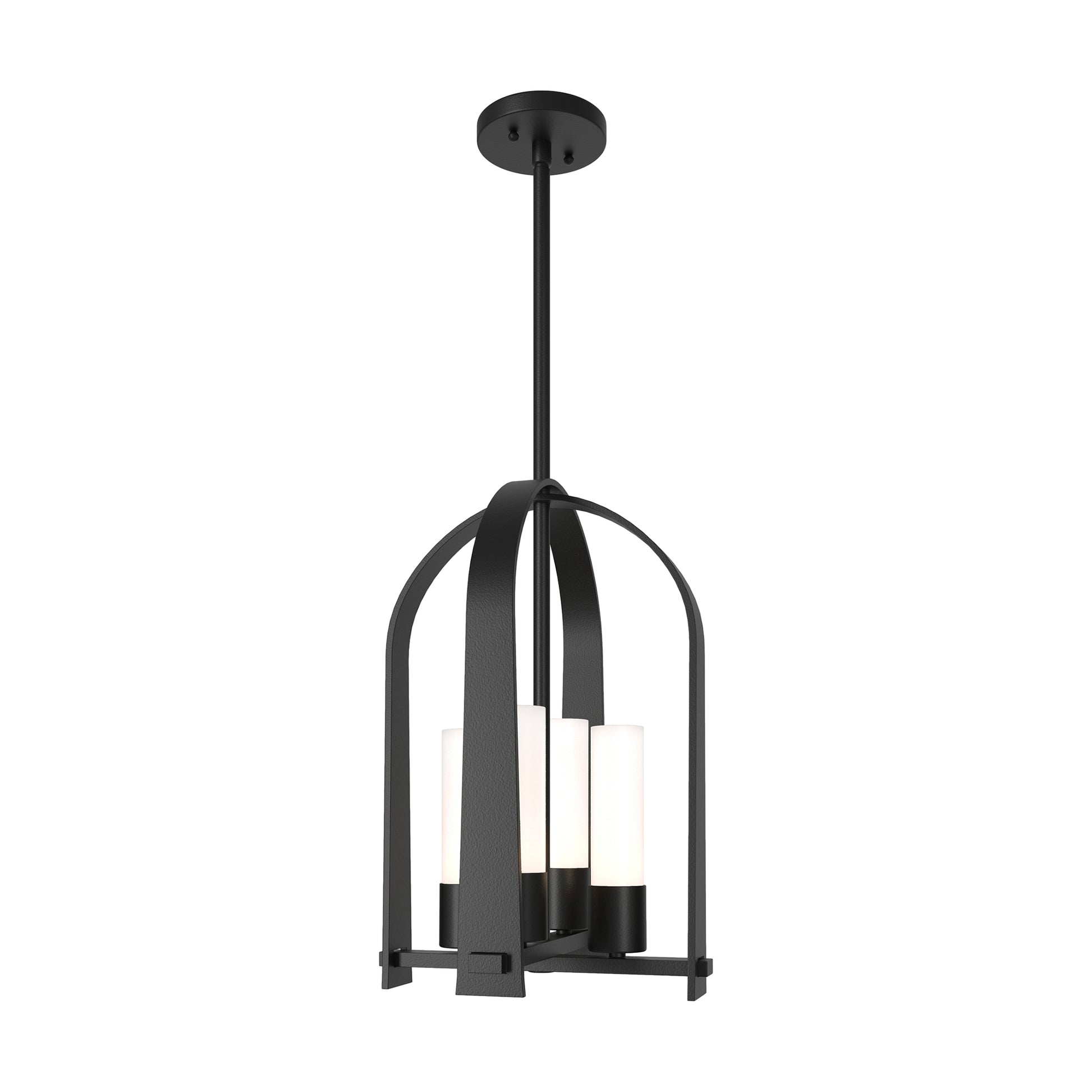 Triomphe Outdoor Lantern by Hubbardton Forge with Coastal Black finish, featuring four white glass shades and a round ceiling mount.