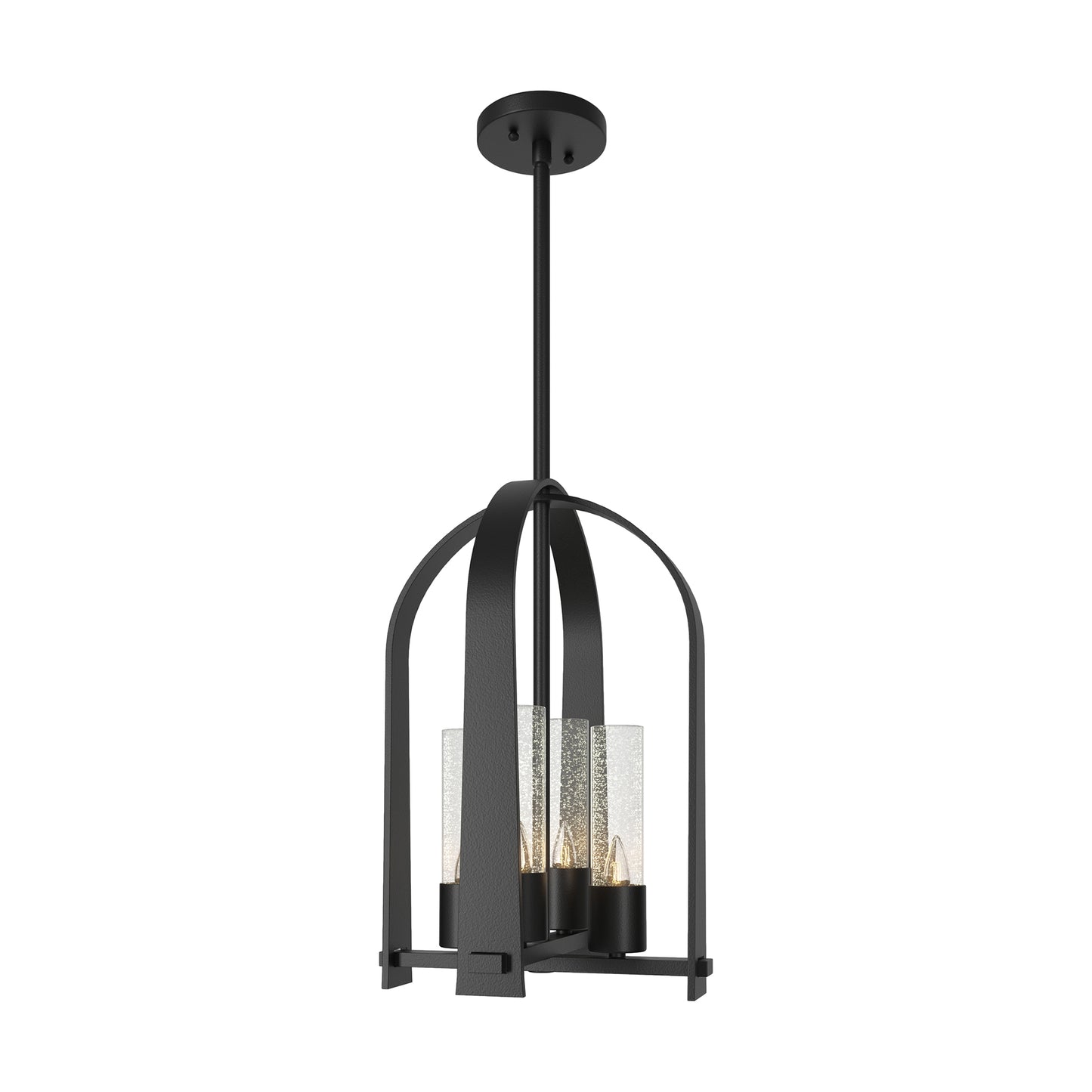 Triomphe Outdoor Lantern by Hubbardton Forge, showcasing a caged design with three glass shades and a Coastal Black finish.