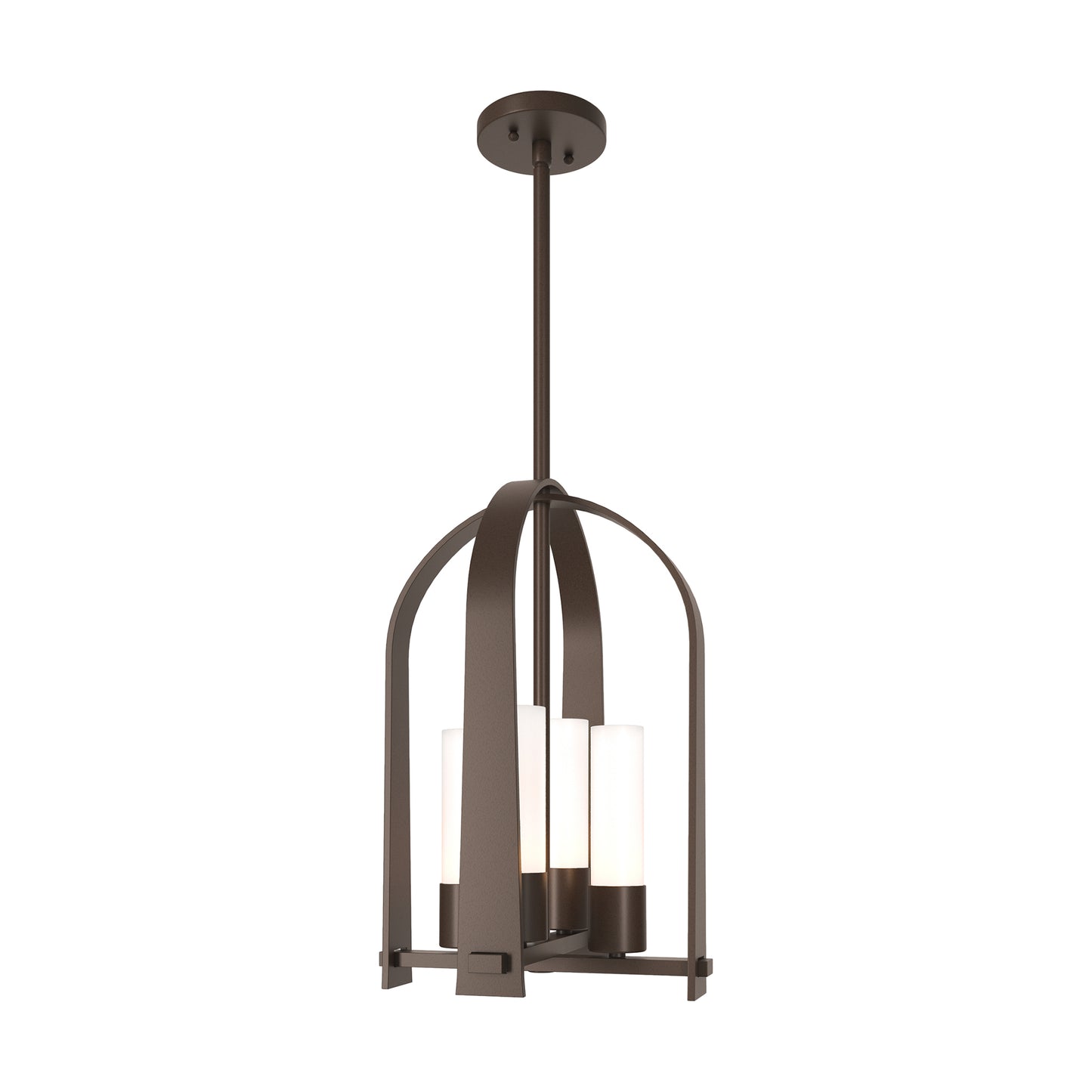 Hubbardton Forge Triomphe Outdoor Lantern with Coastal Black finish, three white glass shades, and curved metal arms, highlighting its elegant craftsmanship.