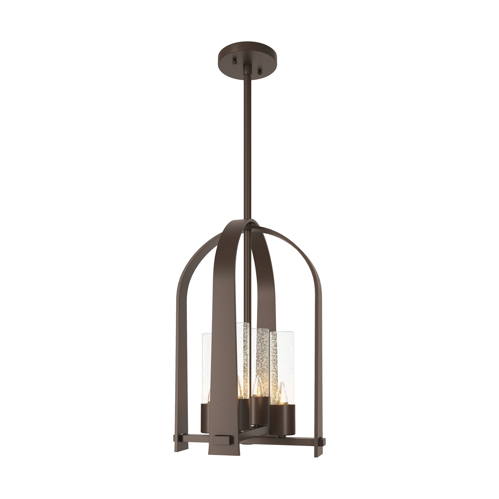 Hubbardton Forge Triomphe Outdoor Lantern with four glass-shaded bulbs in an elegant open bronze arched frame, ceiling-mounted.
