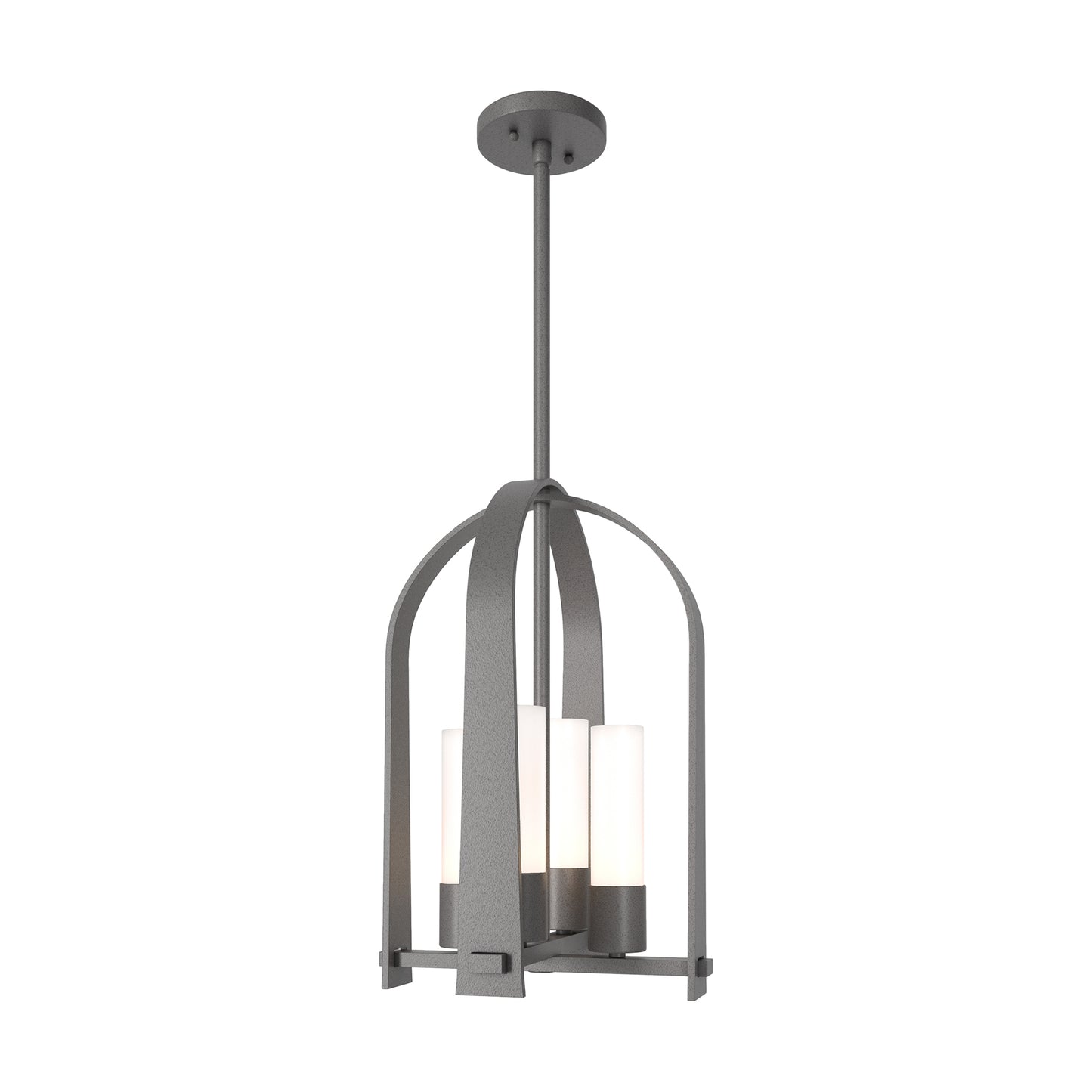 Triomphe Outdoor Lantern by Hubbardton Forge with a matte black frame and four white glass shades, highlighting its modern, elegant design.