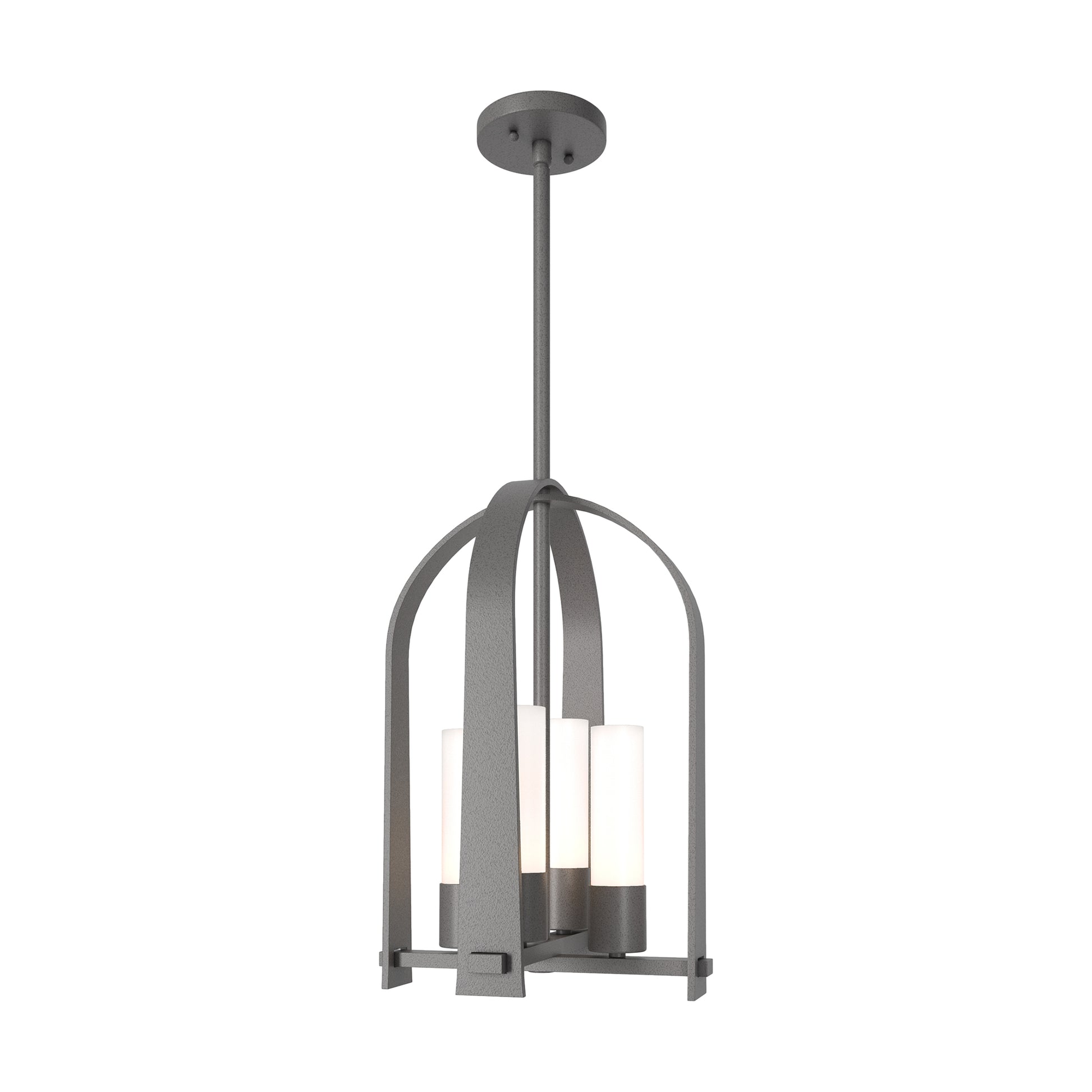 Triomphe Outdoor Lantern by Hubbardton Forge with a matte black frame and four white glass shades, highlighting its modern, elegant design.