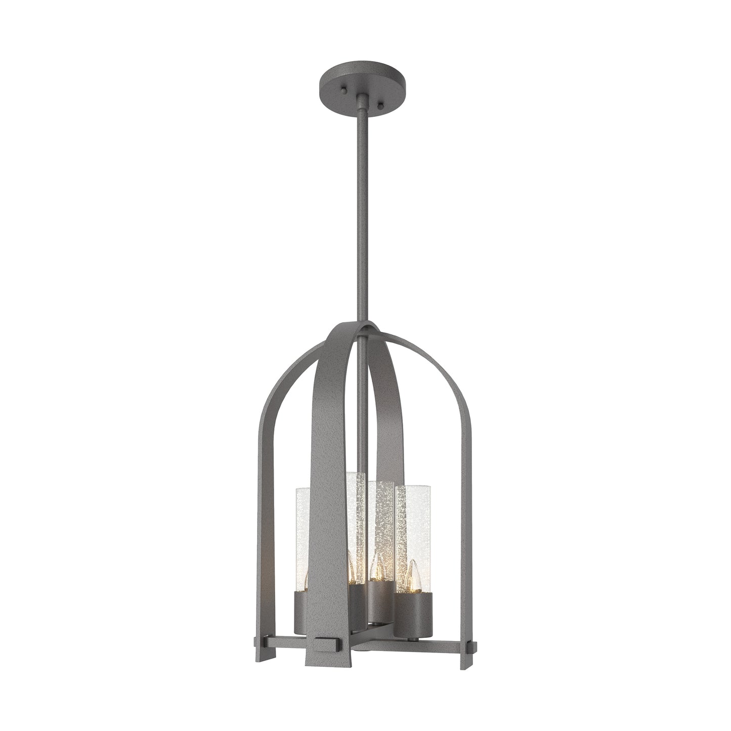 Hubbardton Forge Triomphe Outdoor Lantern with matte black caged frame, four arms, and clear glass panels, showcasing modern American-made craftsmanship.