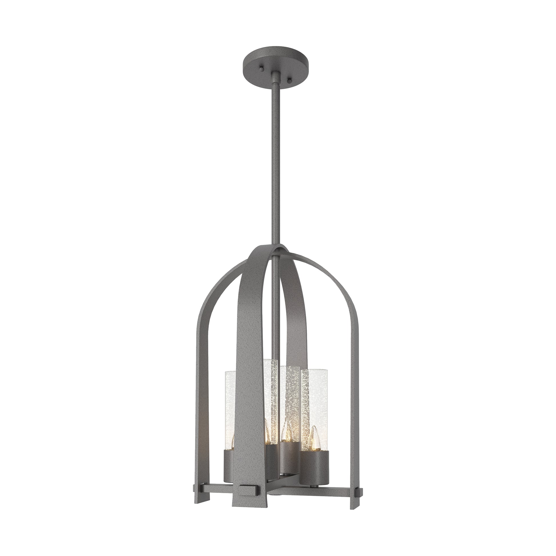 Hubbardton Forge Triomphe Outdoor Lantern with matte black caged frame, four arms, and clear glass panels, showcasing modern American-made craftsmanship.