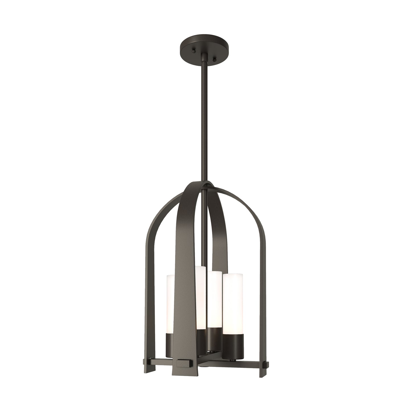 Hubbardton Forge Triomphe Outdoor Lantern with sleek black metal frame and four white glass shades, suspended by rods.