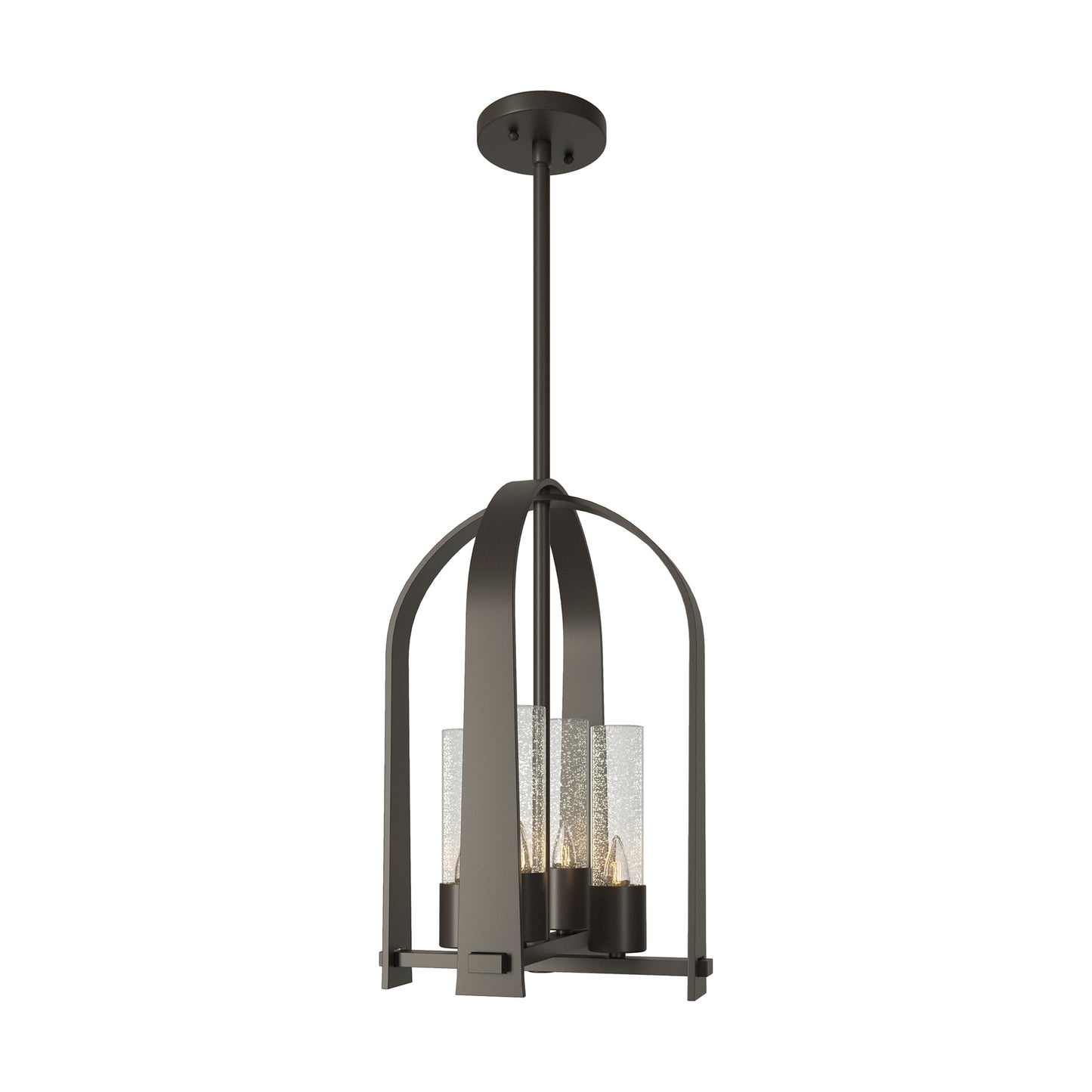 Hubbardton Forge Triomphe Outdoor Lantern with elegant curved metalwork and three glass-shaded bulbs in a caged chandelier style.