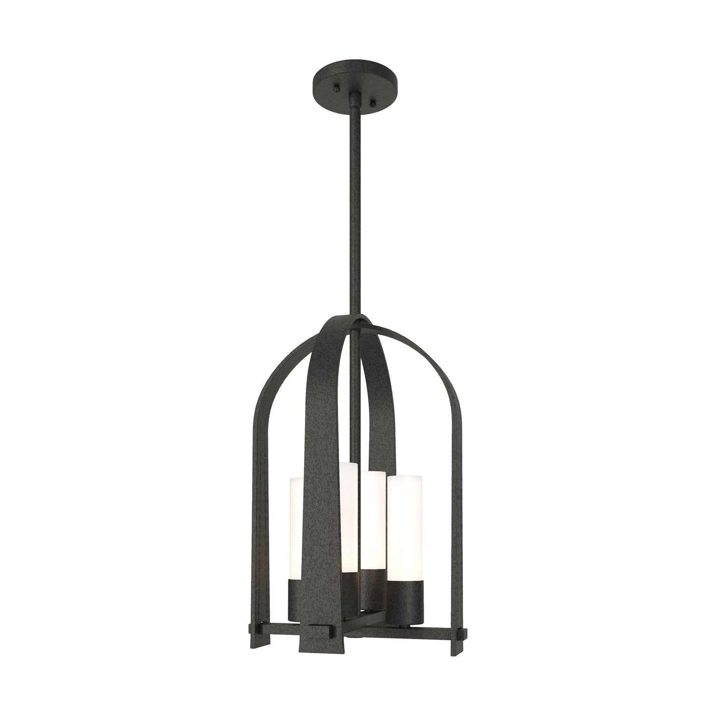 Triomphe Outdoor Lantern by Hubbardton Forge with four white glass shades in a sleek black metal frame, Coastal Black finish, highlighting elegant craftsmanship.