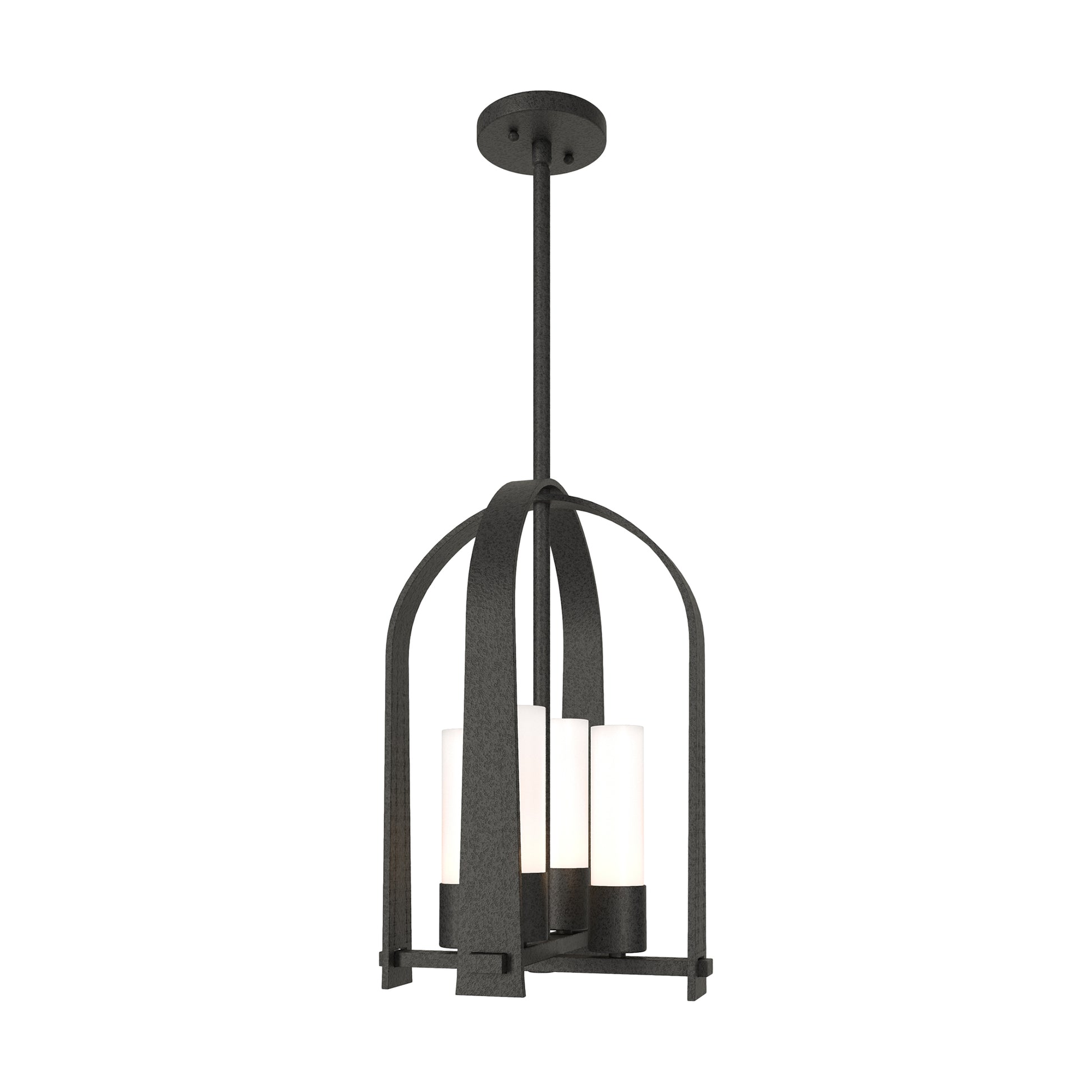 Triomphe Outdoor Lantern by Hubbardton Forge with four white glass shades in a sleek black metal frame, Coastal Black finish, highlighting elegant craftsmanship.