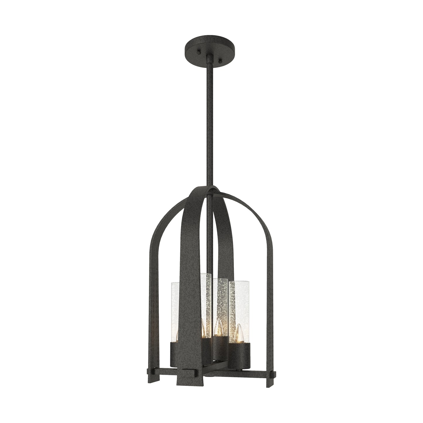 Triomphe Outdoor Lantern by Hubbardton Forge with a Coastal Black frame, elegant curved arms, and three glass shades highlighting its artisan craftsmanship.