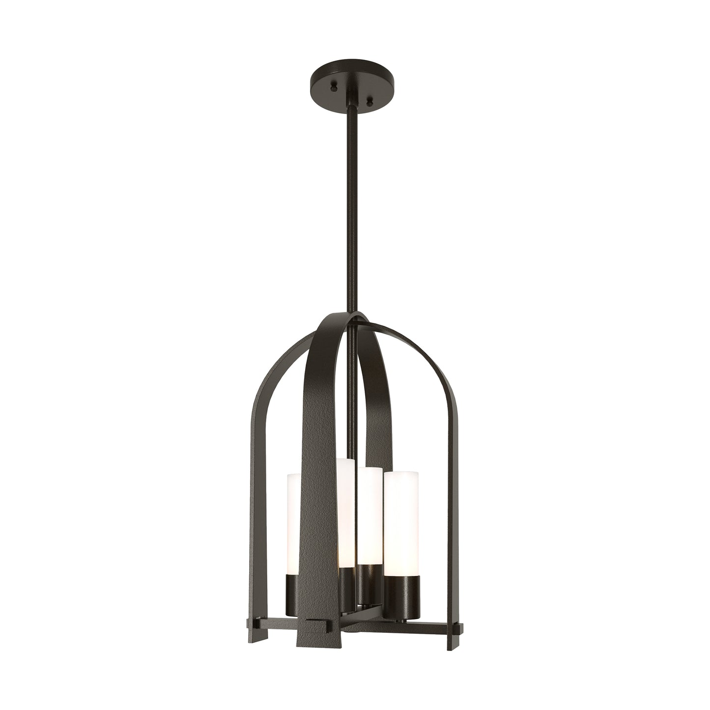 Triomphe Outdoor Lantern by Hubbardton Forge featuring a modern black metal frame and four white glass shades in Coastal Black finish.