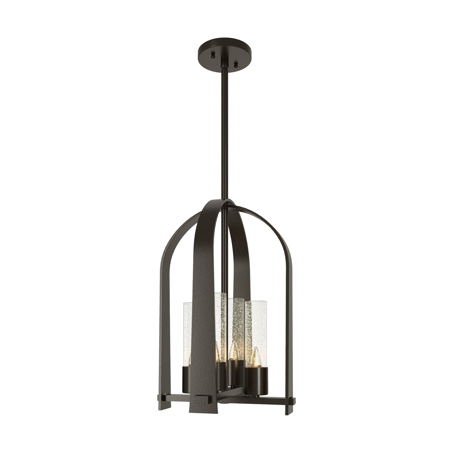 Triomphe Outdoor Lantern by Hubbardton Forge with three candle-style bulbs in glass, Coastal Black round mount, American made quality craftsmanship.
