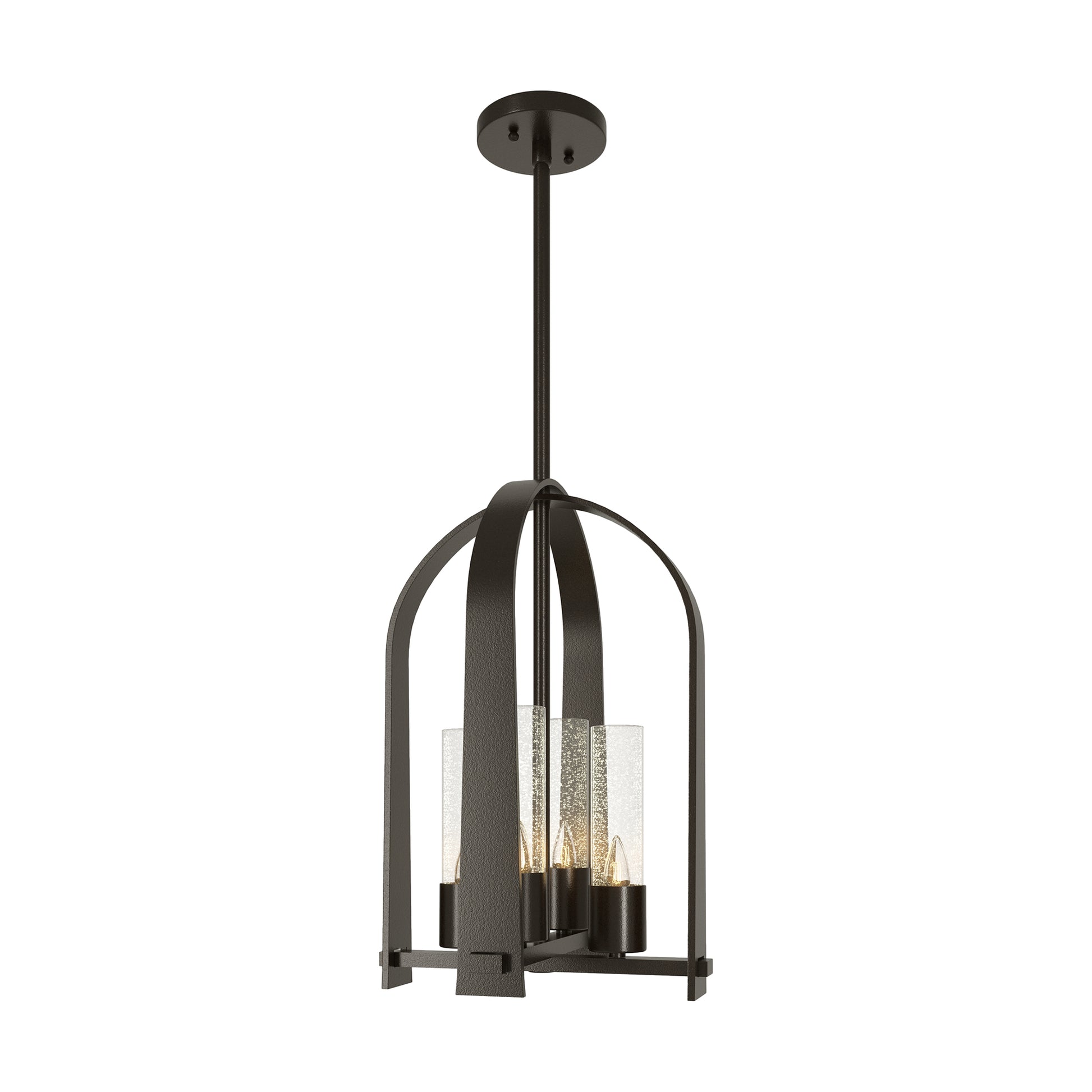 Triomphe Outdoor Lantern by Hubbardton Forge with three candle-style bulbs in glass, Coastal Black round mount, American made quality craftsmanship.