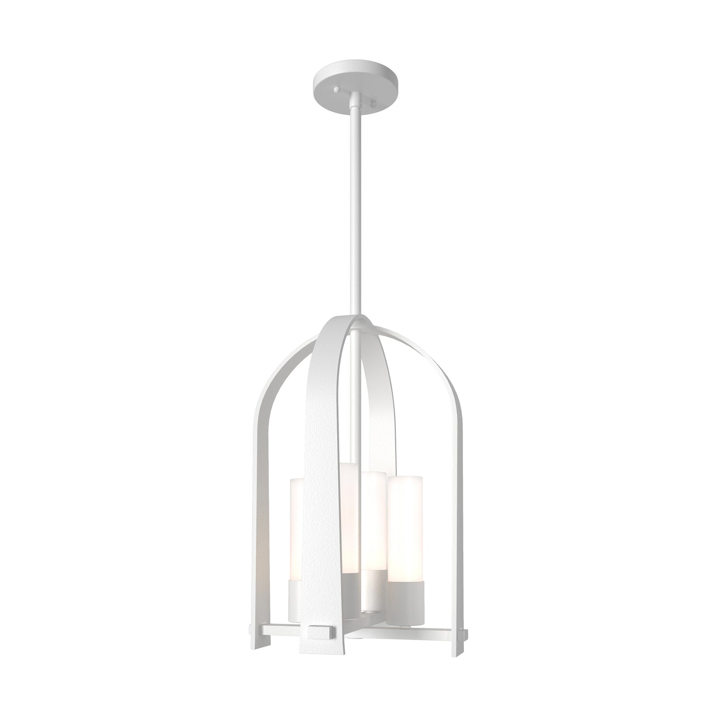 Triomphe Outdoor Lantern by Hubbardton Forge showcasing a modern arched metal frame with three frosted glass shades, highlighting its elegant American craftsmanship.