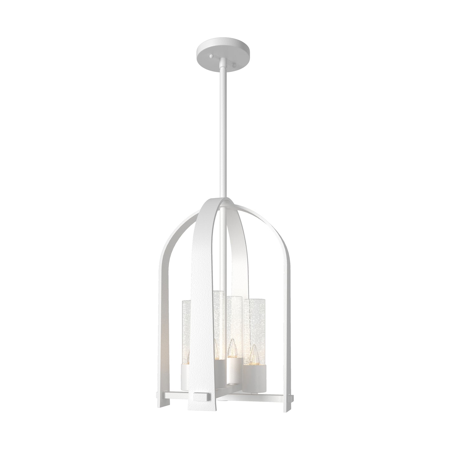 Triomphe Outdoor Lantern by Hubbardton Forge with a white caged frame, three candle-style bulbs, and a Coastal Black finish, showcasing elegant handcrafted American lighting.