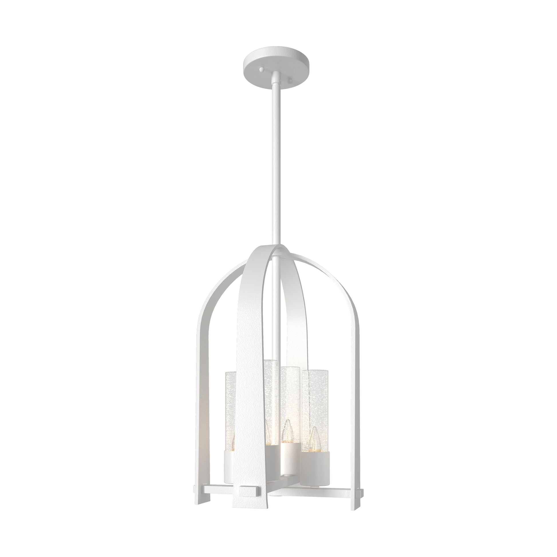 Triomphe Outdoor Lantern by Hubbardton Forge with a white caged frame, three candle-style bulbs, and a Coastal Black finish, showcasing elegant handcrafted American lighting.