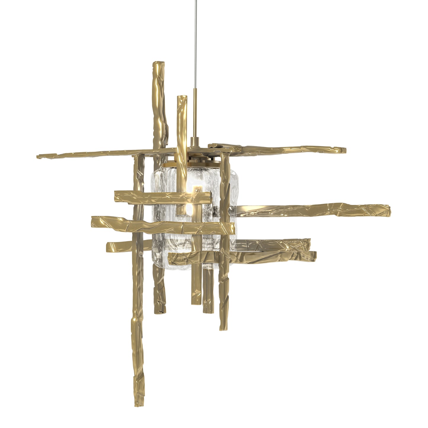 Tura Seeded Glass Low Voltage Mini Pendant by Hubbardton Forge features intersecting gold rods and seeded glass, handcrafted for modern style.