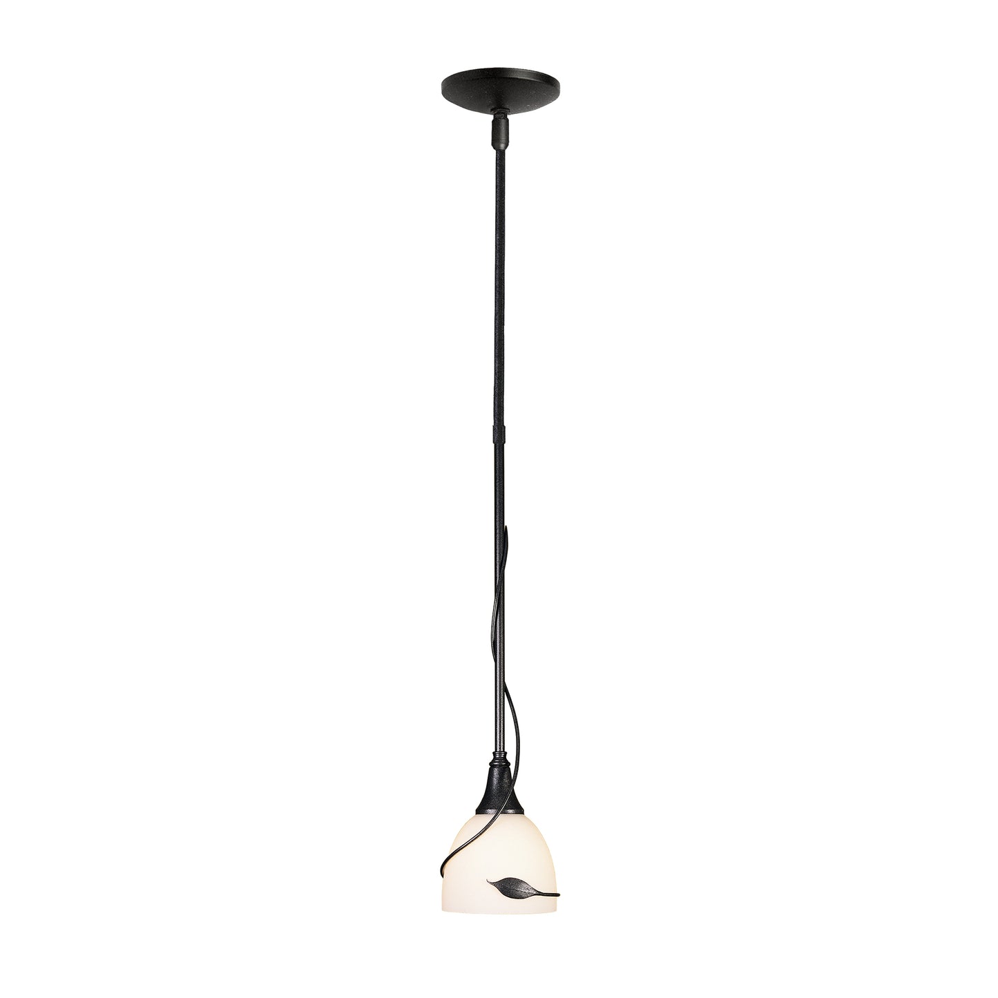 Black matte Twining Leaf Mini Pendant by Hubbardton Forge featuring a Sylvan design white shade with delicate leaf accents.