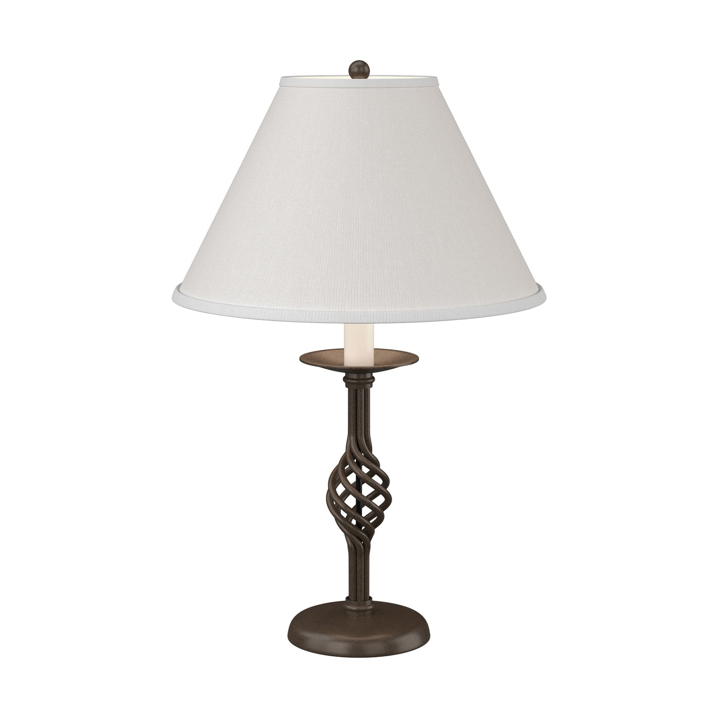 Twist Basket Table Lamp by Hubbardton Forge with a handcrafted bronze twisted base and white shade, showcasing fine American craftsmanship.