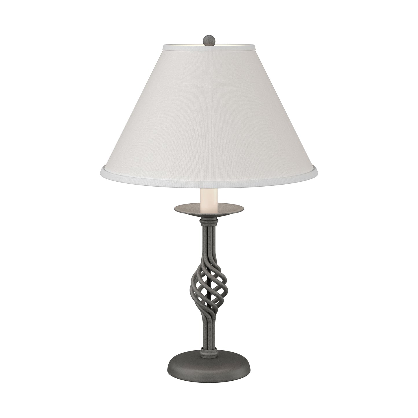 Twist Basket Table Lamp by Hubbardton Forge with a handcrafted dark, twisted metal base and white shade, showcasing elegant Vermont craftsmanship.